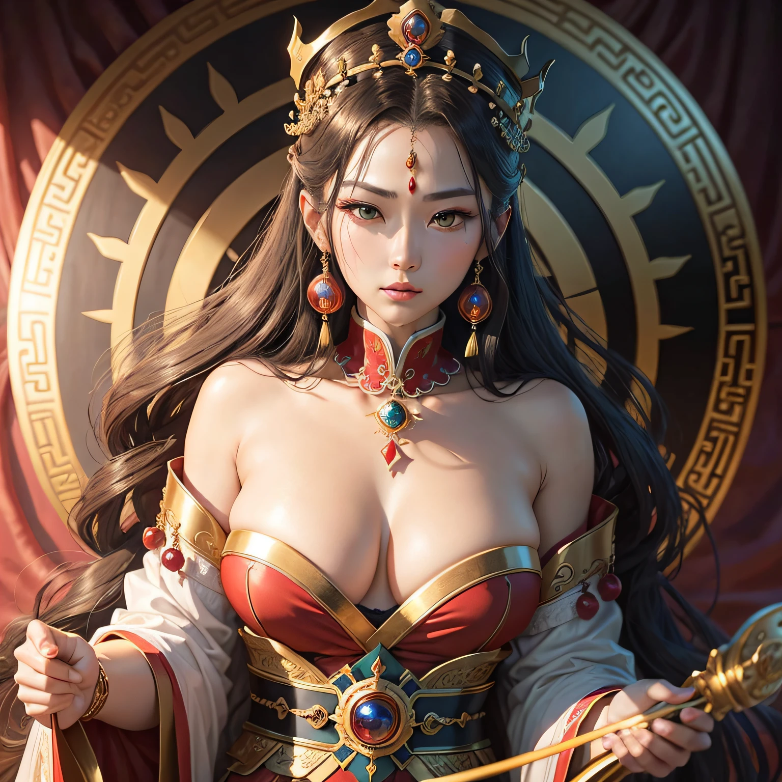 Chinese Empress, Wu Zetian, a beautiful women, the supreme throne, Large scene, majesty, nobility, crimson robe, golden phoenix embroidery, jewel-encrusted crown,high platform, massive mural, scenic landscapes, rivers, green mountains, gemstones, pearls, determined gaze, film texture, Depth of Field, Warm Color Palette, 2-Dimensional, Extreme close-up, buttom view --ar 3:4 --q 4 50 --niji 5 --auto --s 2