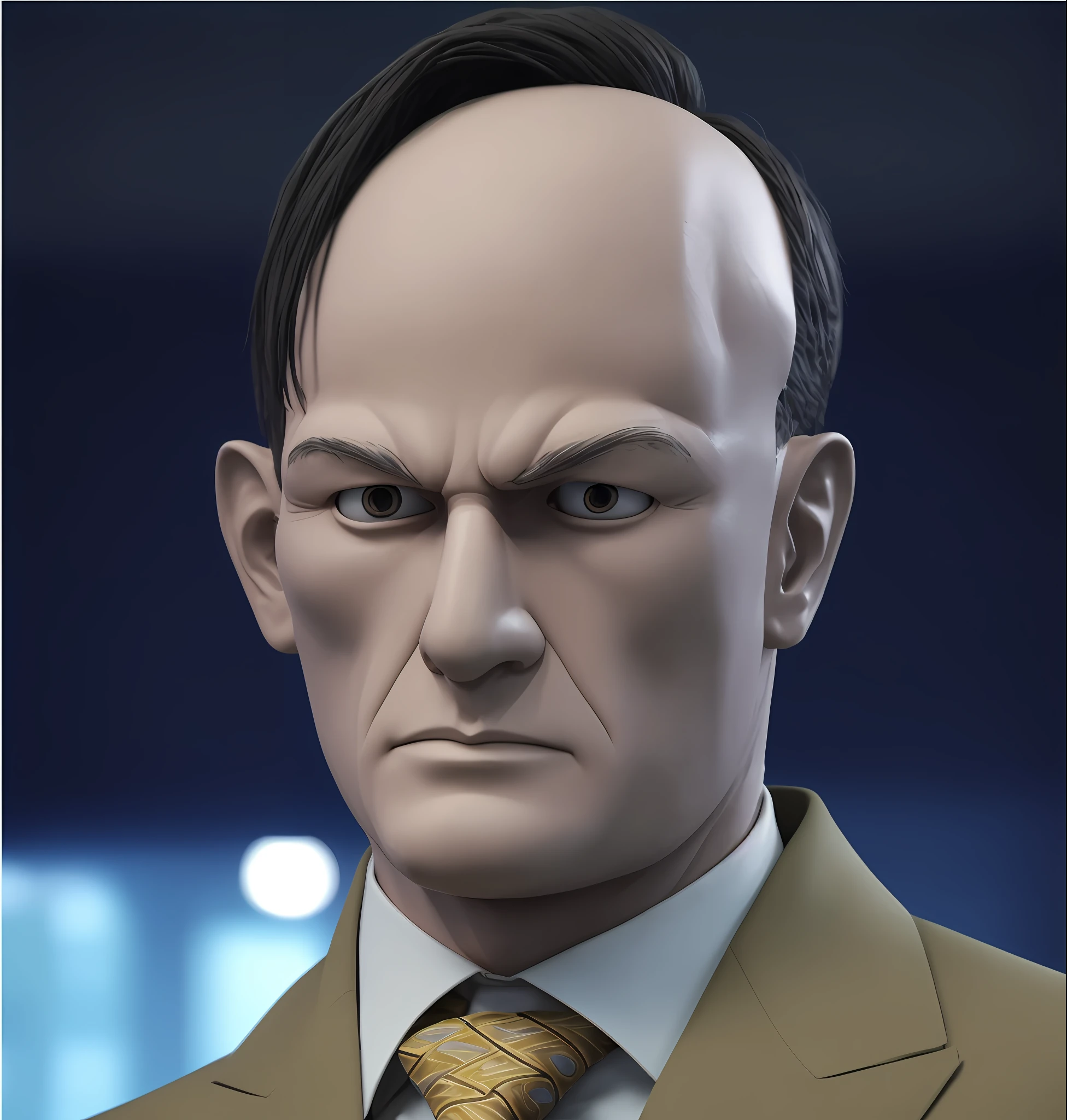 of a guy，With a tie, he has an elongated head shape, Humanoid face, creepy uncanny valley, Clear and sharp Todd Solonz face, japanese cgi, Anthropomorphic _ Humanoid