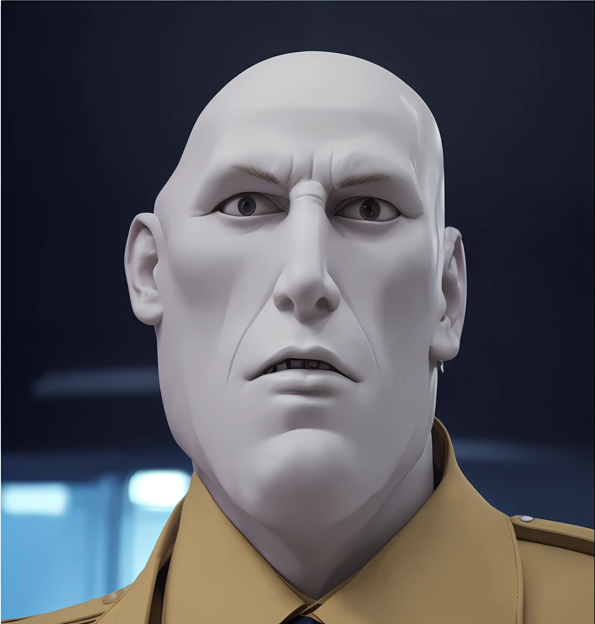 of a guy,With a tie, he has an elongated head shape, Humanoid face, creepy uncanny valley, Clear and sharp Todd Solonz face, japanese cgi, Anthropomorphic _ Humanoid