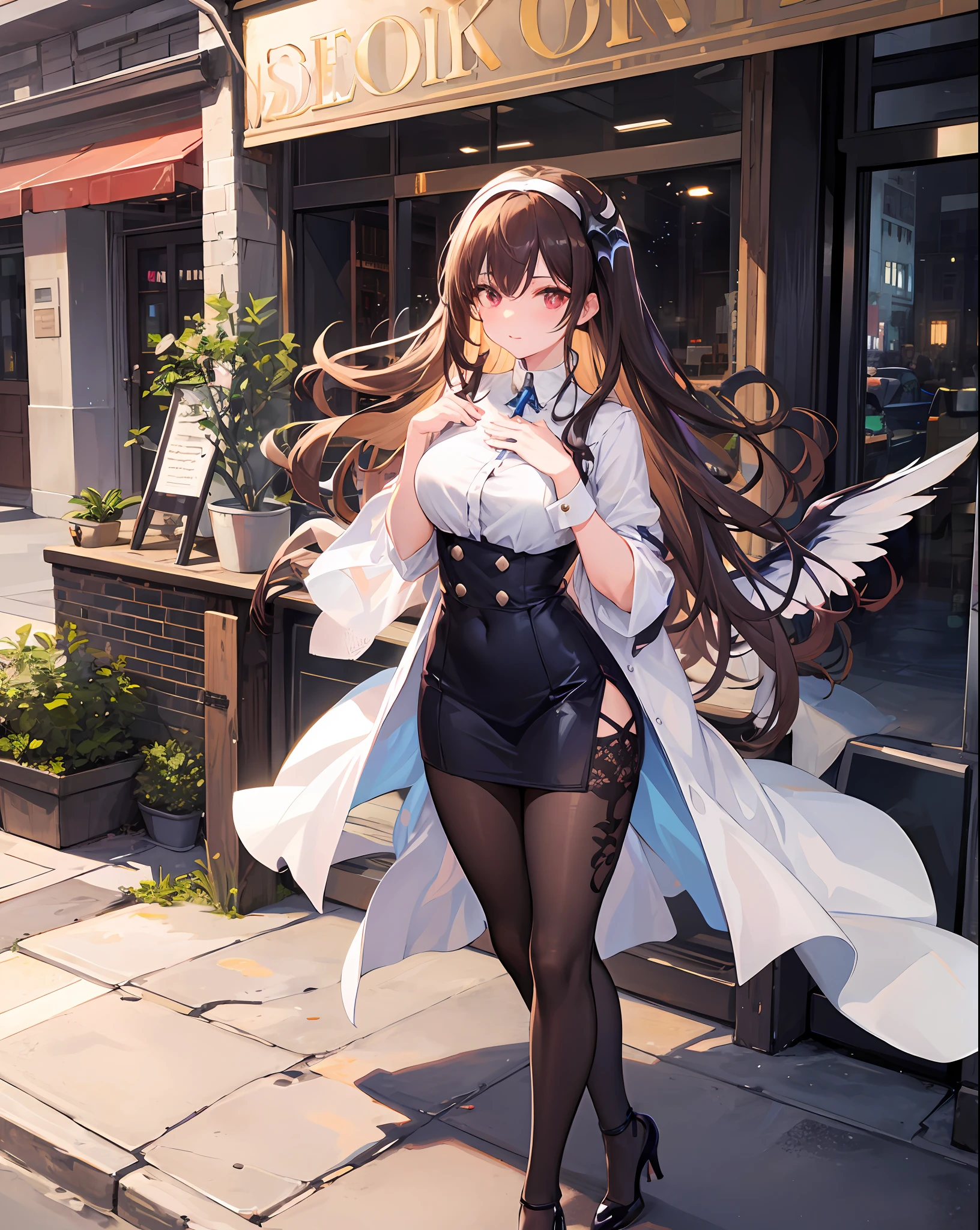 1girll,,Wings,
exteriors,the street,view over city,cowboy lens,
Place your left hand on your chest,venom symbiote,venomize,natta,high-heels,Violet blue clothes,Black and white high heels,Pattern,decor,Golden hair,Brown hair,The demon controls the nun,frilld,Lace trim,Clothing style, Clothing prints,Bangs trimmed,The wand rested between his thighs,Translucent skirt,standing on your feet,eyes glowing