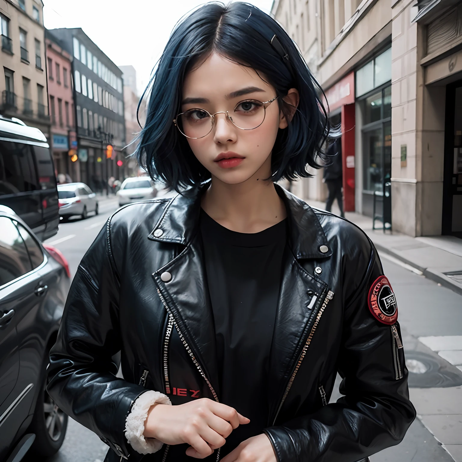 best quality, masterpiece, ultra hi res, (((1 girl))), short hair, ((blue hair)), sexy expression, glasses, hairpin, streetwear, leather jacket, urban background, cute face, (slight scowl)