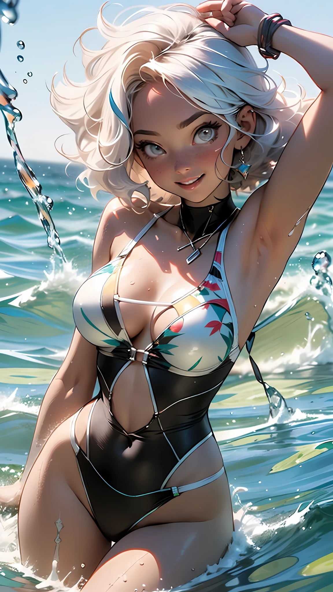 (SFW), (best quality, masterpiece), 1girl, curly hair, SHORT WHITE hair, wide smile, white bikini, ocean, in water, wet, sun, long hair, wind, DYNAMIC POSES, busty, (large hanging breasts), (white color slim invisible swimsuit), shining, gloving, reflections of waves, splatter, The mood of summer, seductive,