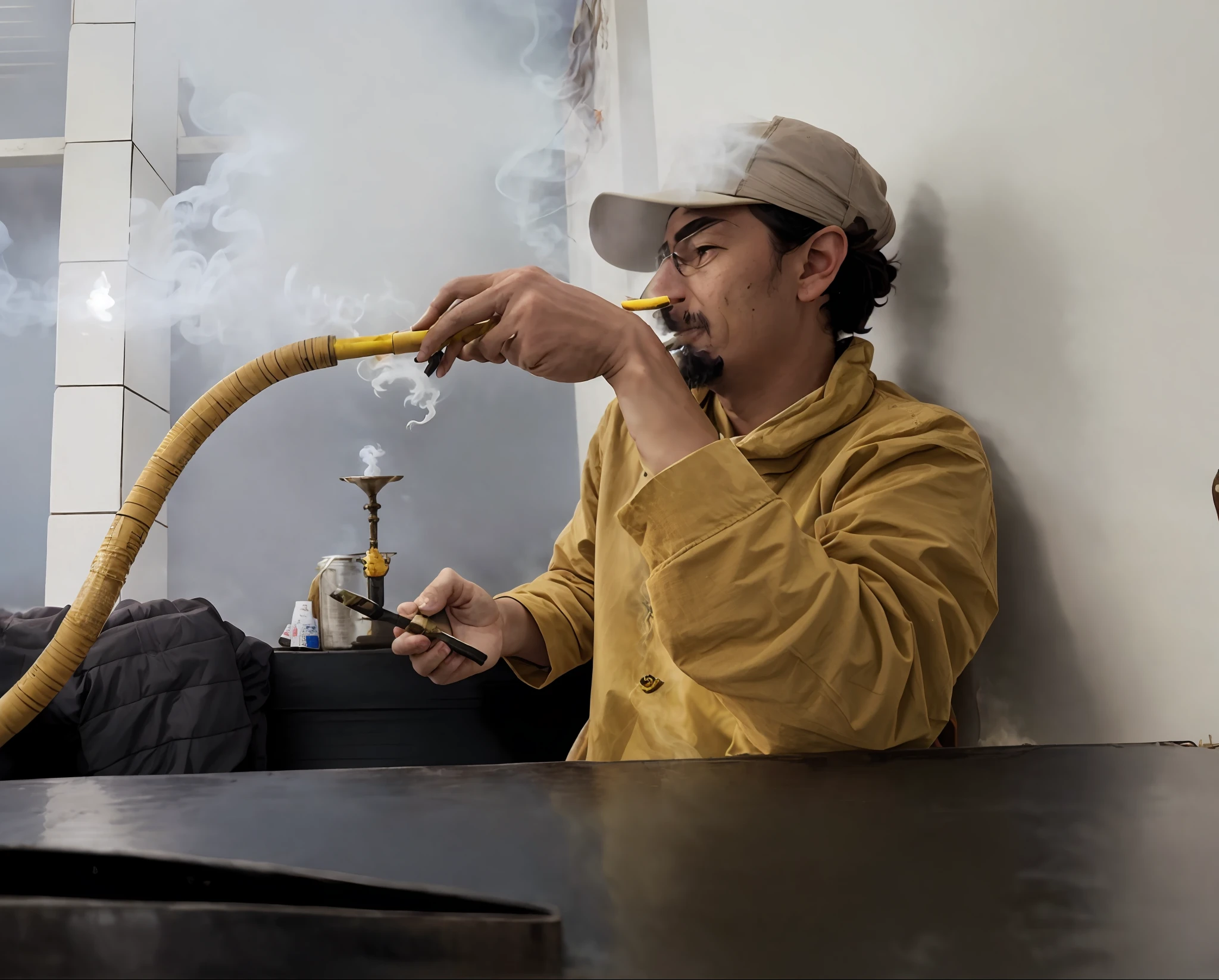 Araffe fumando um gancho com uma mangueira amarela em um quarto, a hookah smoking caterpillar, the smoke is flowing, smoking a magical bong, blowing smoke, Maher Morcos |, pipe smoke, Condutor de Ene, fazer uma pausa para fumar, fumar um cachimbo, smoke billowing, Meninas Hasan, with smoke, water pipe, # Oc, #Oc