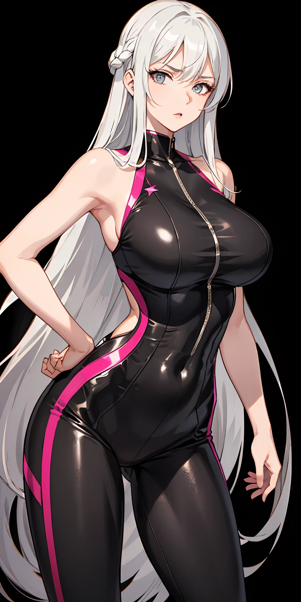 Garota branca,white to gray hair with large breasts, tight clothes that mark and expression with anger;