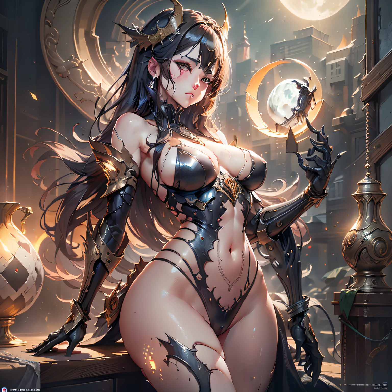 masterpiece, best quality, (extremely detailed unity 8k CG wallpaper), (best quality), (best illustration), (best shadow), absurdities, realistic lighting, night, darkness, giant, Goddess, Ancient Goddess, Aphrodite, deity, glorious pose, night, moon, beautiful detailed brightness, luminous background glow,A masterpiece ultrarealistic ultra detailed full body portrait of a very beautiful Barbarian girl, massurrealism. medium shot, intricate, elegant, sexy, revealing, by stanley artgerm lau, wlop, rossdraws, james jean, andrei riabovitchev, marc simonetti, light by julie bell, ismail inceoglu, porcelain skin. global illumination.