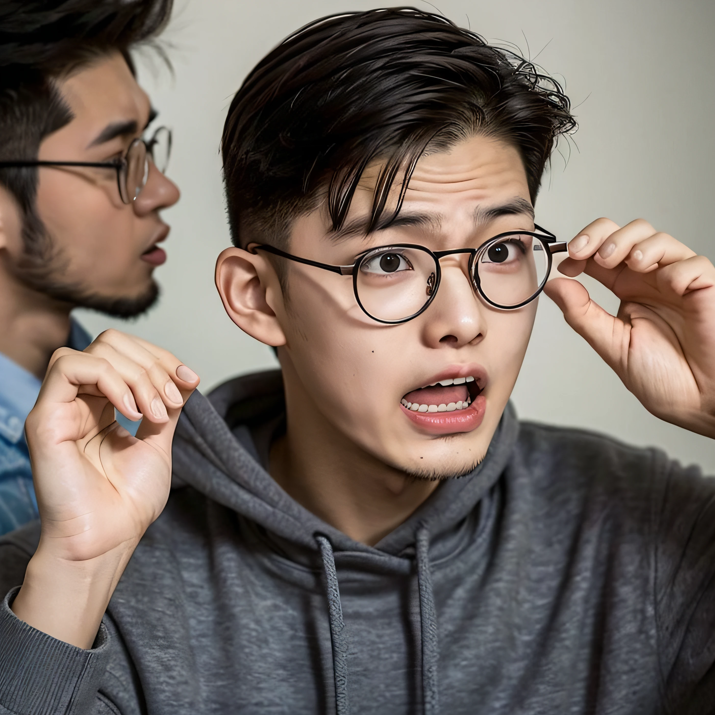 one Asian Boy  , 18 years old, student holding his mouth open, spit flying from mouth, surprised expression, man is terrified, wearing small round glasses, expressive surprised expression, man with glasses, shocked expression, yawning, man screaming, very expressive, very excited, very surpris,(((half body)))