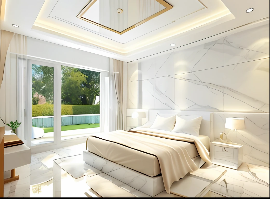 ["Masterpiece, high quality, best quality, authentic, super realistic, super detail, interior, modern bedroom, rug, wooden floor, window, curtains, daylight, vray"](, flat plaster ceiling, glossy white marble floor, open pose, flat plaster ceiling, 1 more wall painting, Level flat plaster ceiling (full white), felt wall