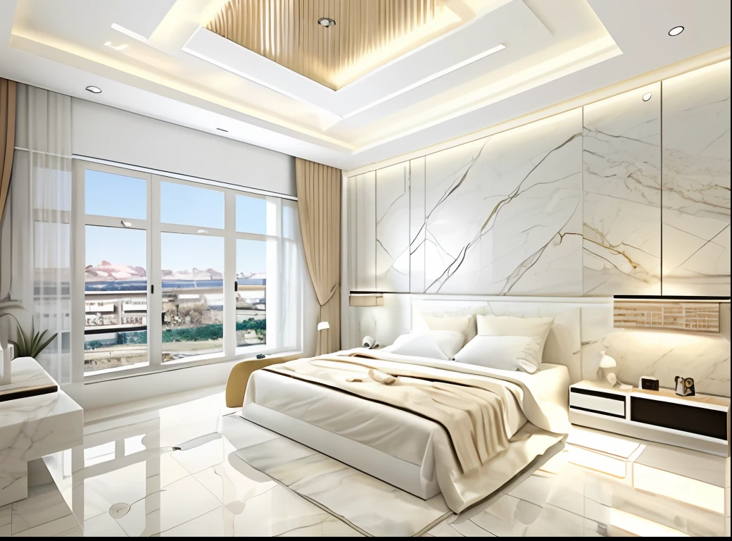 ["Masterpiece, high quality, best quality, authentic, super realistic, super detail, interior, modern bedroom, rug, wooden floor, window, curtains, daylight, vray"](, flat plaster ceiling, glossy white marble floor, open pose, flat plaster ceiling, 1 more wall painting, Level flat plaster ceiling (full white), felt wall