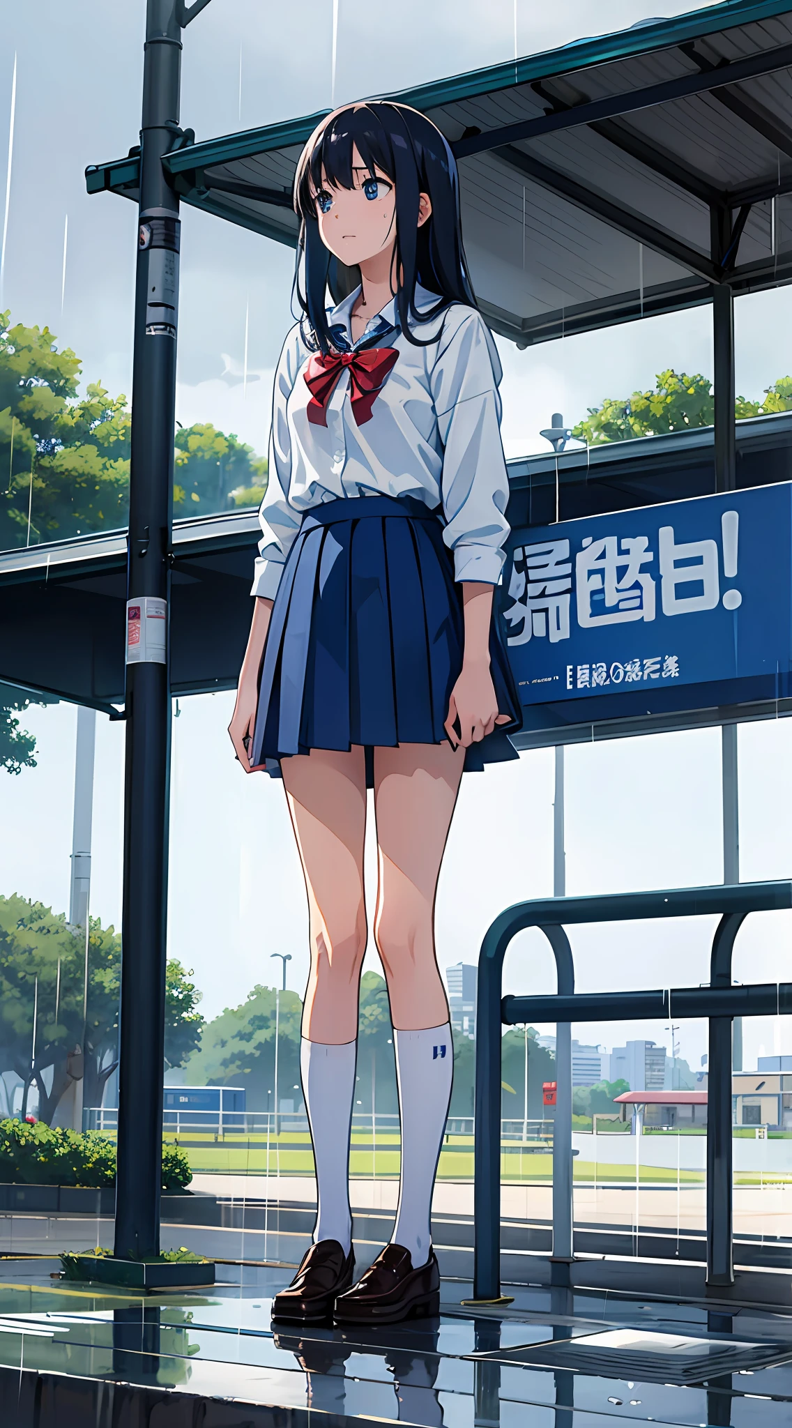 8KCG,The upper part of the body、Holding a drink in front of your stomach、High school students on a rainy day、Stand alone at the bus stop、Looking up at the sky、wetting hair、Pocari Sweat Drink、Lonely atmosphere、nostalgic ambiance