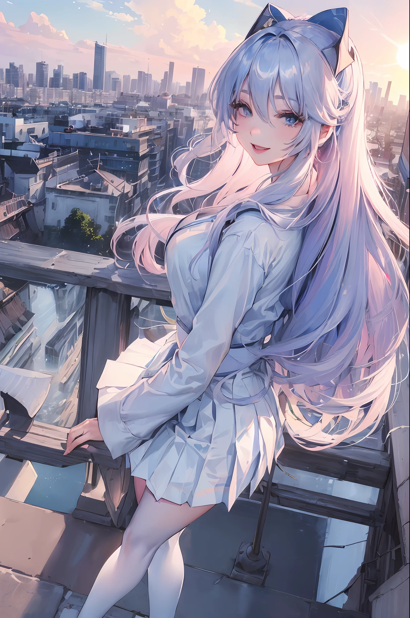 official art, masterpiece, sharp focus, (beautiful gorgeous cute Korean woman:1.3), (beautiful cute korean:1.3), korean beauty, Delicate and beautiful hair and eyes and face, realistic, ultra detailed, beautiful girl, blue sky, glow white particle, (sidelighting:1.2), sun light, white cloud, detailed clouds, slender, Lovely very large breasts and very large hips, smile with teeth, ((smile with eyes, open both eyes)), scenery, long straight hair, sexy facial expression, building, (cityscape:1.7), dynamic hair, long straight hair, detailed platinum pink hair, glow blue eyes, (blue pleated shirts + white skirt), white long socks, pale skin, hair ornament, epic scenery,