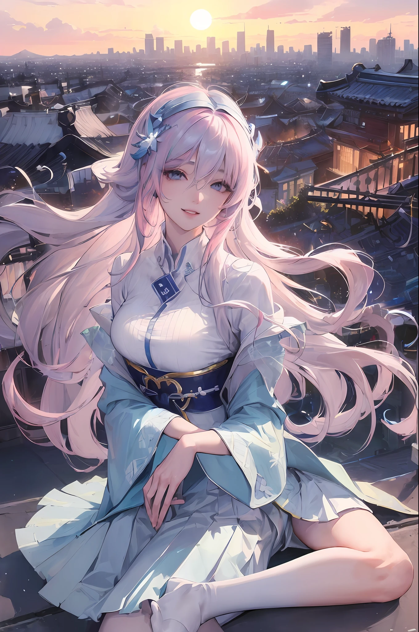 official art, masterpiece, sharp focus, (beautiful gorgeous cute Korean woman:1.3), (beautiful cute korean:1.3), korean beauty, Delicate and beautiful hair and eyes and face, realistic, ultra detailed, beautiful girl, blue sky, glow white particle, (sidelighting:1.2), sun light, white cloud, detailed clouds, slender, Lovely very large breasts and very large hips, smile with teeth, ((smile with eyes, open both eyes)), scenery, long straight hair, sexy facial expression, building, (cityscape:1.7), dynamic hair, long straight hair, detailed platinum pink hair, glow blue eyes, (blue pleated shirts + white skirt), white long socks, pale skin, hair ornament, epic scenery,