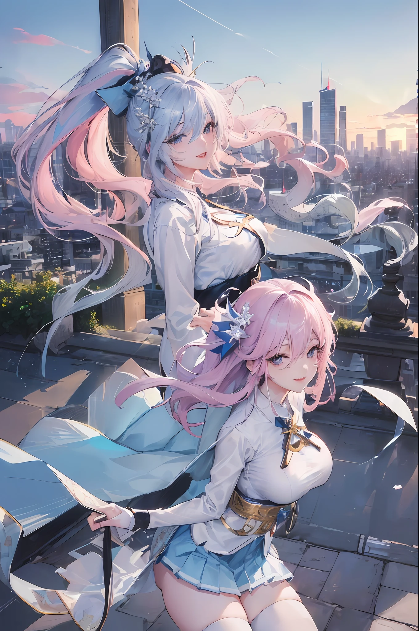 official art, masterpiece, sharp focus, (beautiful gorgeous cute Korean woman:1.3), (beautiful cute korean:1.3), korean beauty, Delicate and beautiful hair and eyes and face, realistic, ultra detailed, beautiful girl, blue sky, glow white particle, (sidelighting:1.2), sun light, white cloud, detailed clouds, slender, Lovely very large breasts and very large hips, smile with teeth, ((smile with eyes, open both eyes)), scenery, long straight hair, sexy facial expression, building, (cityscape:1.7), dynamic hair, long straight hair, detailed platinum pink hair, glow blue eyes, (blue pleated shirts + white skirt), white long socks, pale skin, hair ornament, epic scenery,