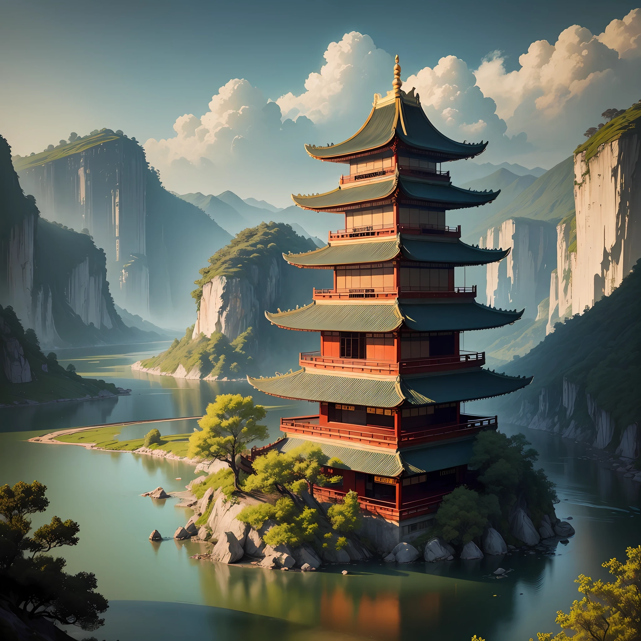 chinese painting style，A landscape painting，A poetic sight，Presence of Chinese architecture，The foreground is a river。In the whole frame，The building is golden and prominently displayed。There are no other colors in the color of the building。On a matte black background，It is decorated with trees and cliffs --auto
