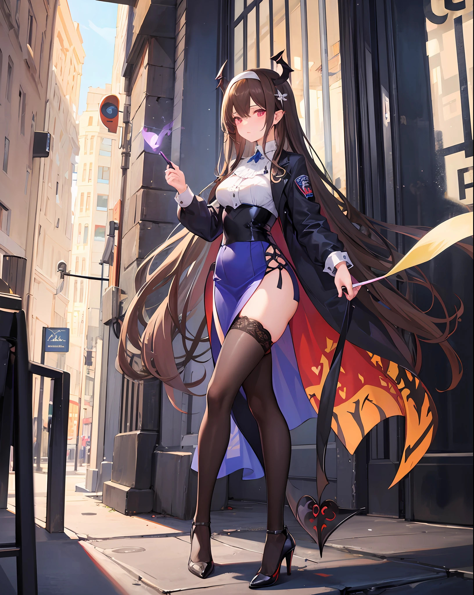 1girll,,Wings,
exteriors,the street,view over city,demon tail,
Place your left hand on your chest,venom symbiote,venomize,natta,high-heels,Violet blue clothes,Black and white high heels,Pattern,decor,Golden hair,Brown hair,The demon controls the nun,frilld,Lace trim,Clothing style, Clothing prints,Bangs trimmed,The wand rested between his thighs,Translucent skirt,standing on your feet,eyes glowing