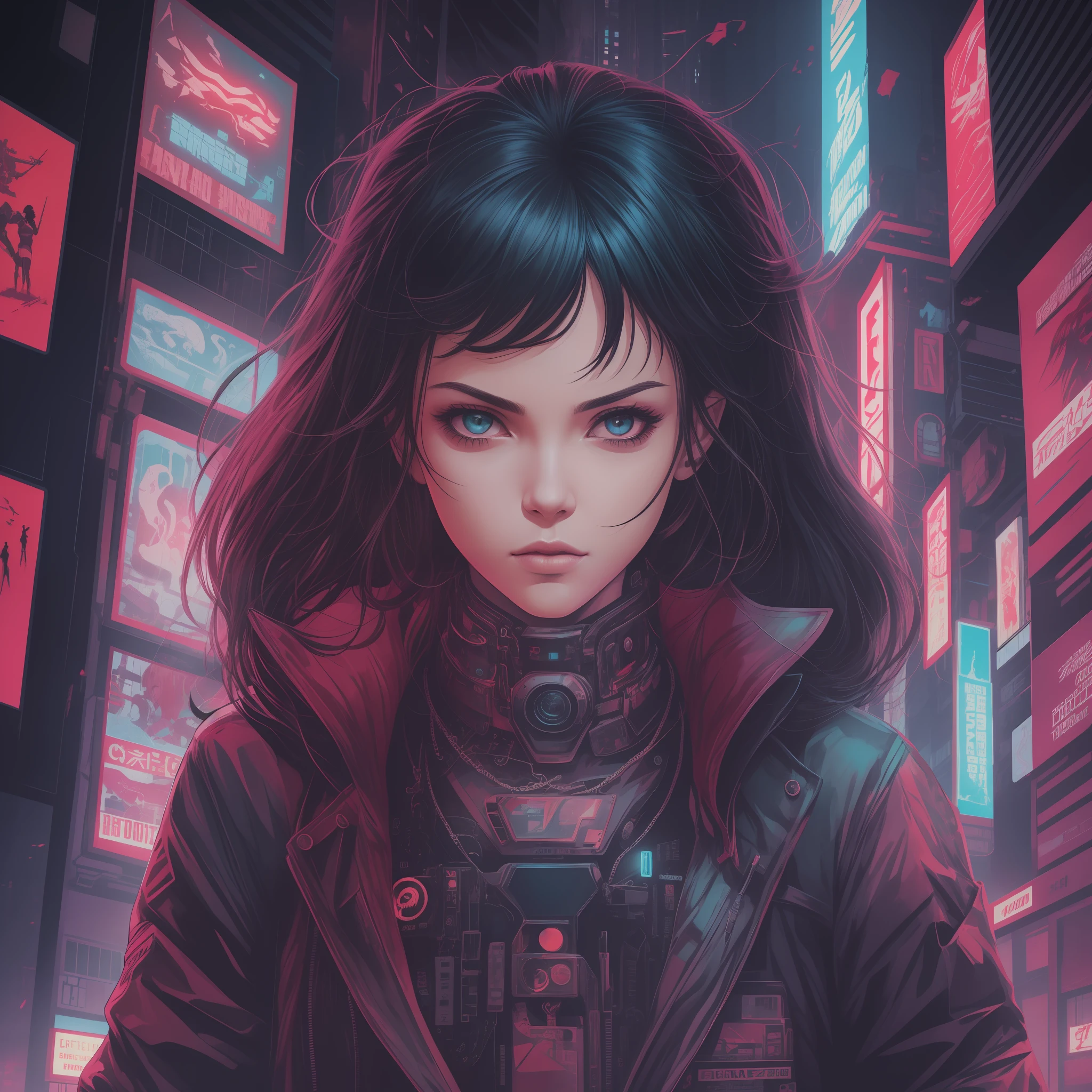 Unleash the power of the cyberpunk world in an evocative Akira-style poster, masterfully reimagined to showcase a mesmerizing girl as the central focus. Envision the girl with a striking presence, exuding confidence and strength amidst a futuristic urban landscape. Embrace the iconic Akira art style, characterized by its dark and detailed aesthetics, to bring the girl to life with intricate linework and expressive features. The neon-lit cityscape serves as a backdrop, immersing the viewer in the dystopian atmosphere that defines the genre. Experiment with a striking color palette, utilizing bold contrasts and vivid hues to create a captivating visual experience. Subtle elements of advanced technology and cybernetic enhancements could be incorporated, hinting at the girl's connection to a world of high-tech intrigue. This Akira-inspired poster, featuring a fierce and enigmatic girl, will captivate audiences with its alluring blend of cyberpunk grit and stunning artistry.