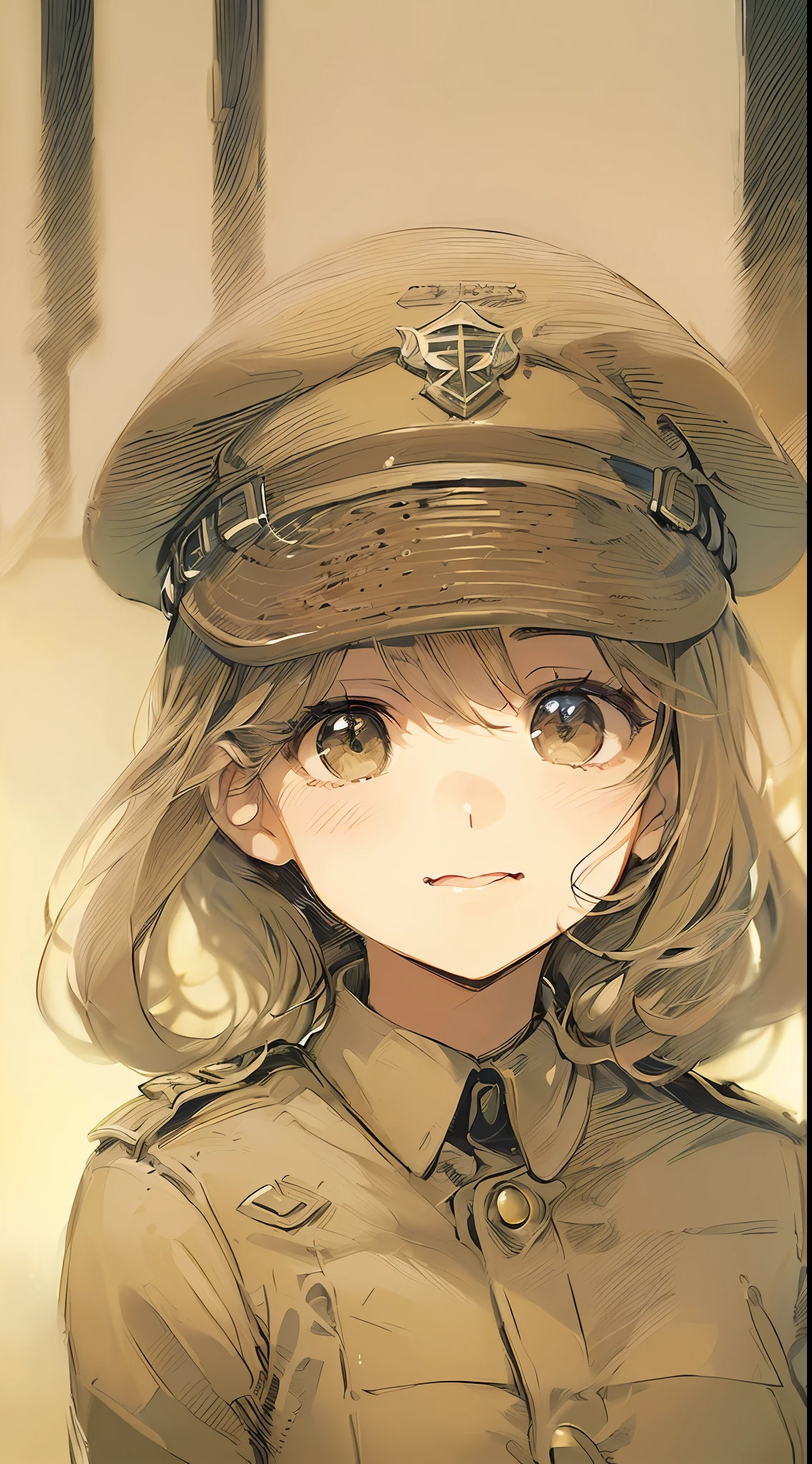 「(8k wallpaper:1.5)、(high-level image quality:1.3)、(animesque, illustratio:1.5)、(girl with、kawaii:1.8)、(beatiful detailed eyes:1.3)、(A slight smil:1.1)、(Military Personnel:1.5)、(trench:1.3)、(sepia, gradients:1.5)」