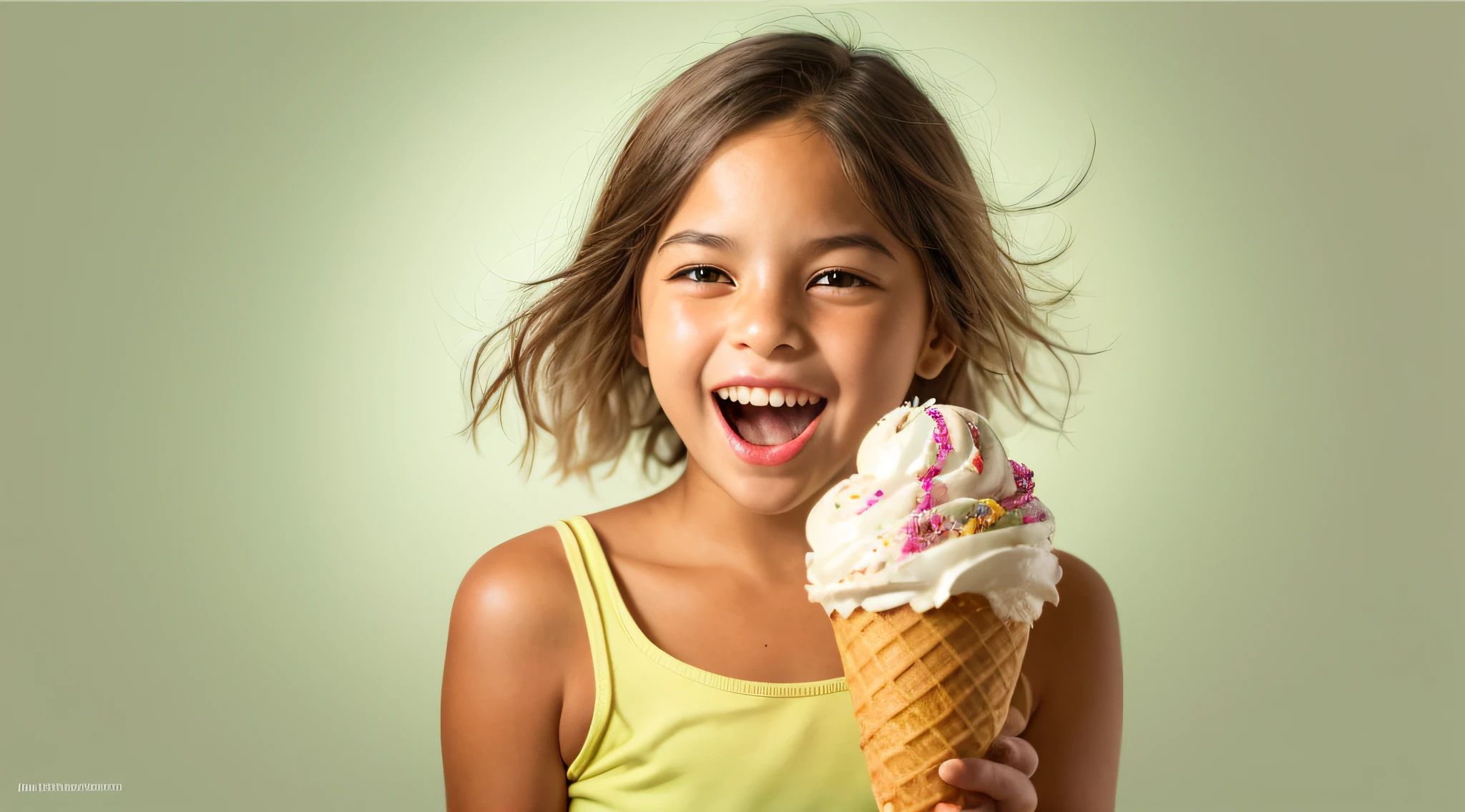 GIRL CHILD 10 YEARS OLD , loira com cabelo cacheado, three ice cream cones with different flavors of ice cream in them, casquinhas de sorvete, gelado, casquinha de sorvete, sorvete ao lado, montanhas de sorvete, comer sorvete - creme, comer sorvete, cone, Nascer, delicioso, 8k)), em forma de cone, detalhado