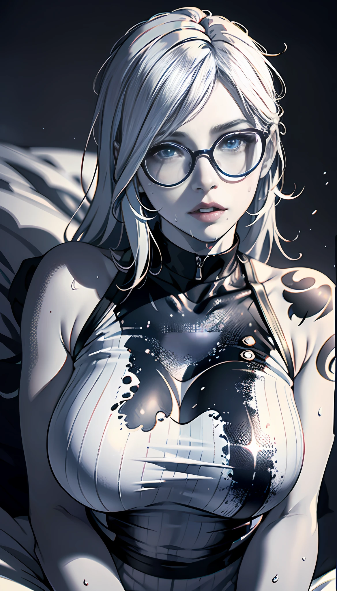 one-girl,circle glasses,Tattooed with, One-piece turtleneck white sleeveless sweater, Long white cotton socks, The lips are slightly open, Red-faced, Wet hair,Sweat all over the body,sit on a bed, crisp breasts, Convex buttocks, Grab your chest with both hands,Detailed background, Clothing details, perfectly proportioned, Multiple perspectives,filmgrain, Fuji colors, lightand shade contrast, tmasterpiece, high detal, high qulity, A high resolution, Cinematic lighting, 8K, Textured skin, Super detail
