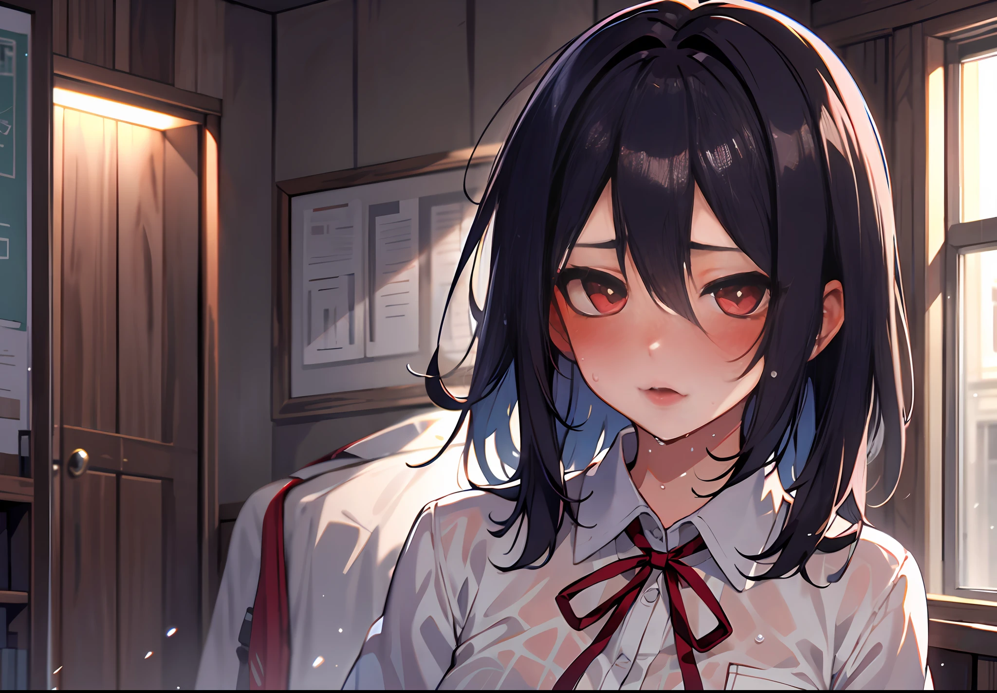 (masterpiece,best quality, detailed), 1girl, solo, indoors, night, upper body, sweat, ahegao, rolling eyes, blush, wet shirt,
midorikawa hana, neck ribbon, collared shirt, school uniform,