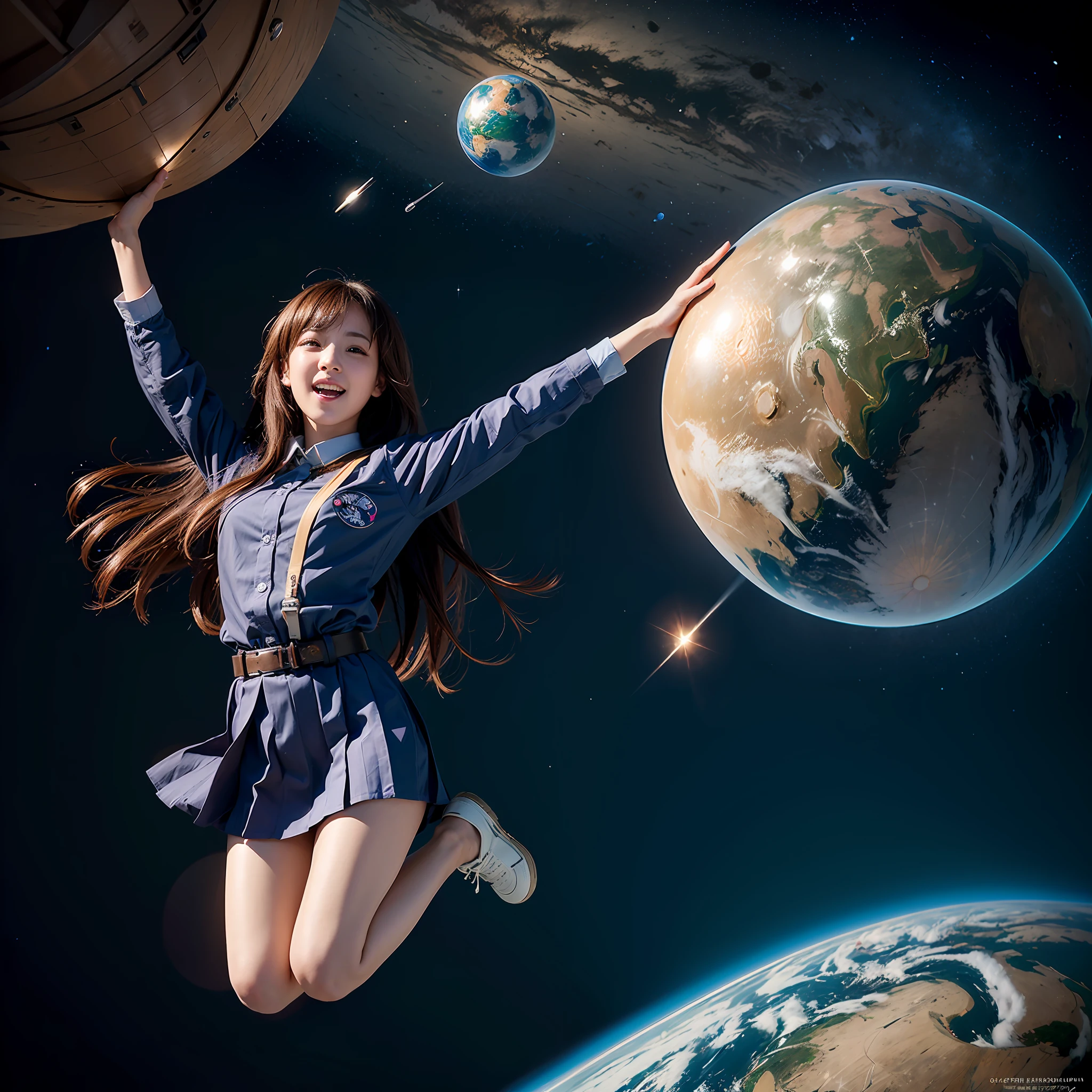 ((unparalleled masterpiece ever、best qualtiy、erfect artwork))、(realisitic, Photorealsitic:1.37)、kosmos、((Floating in outer space))、hovering、levitation、Aerial jumps、Spread your arms wide、Open posture、(slightly curled feet:0.2)、weightless、((weightless))、1girl in、17 age、japanes、cute little、((JK Uniform、serafuku))、((Floating hair))、Medium length、A smile、((open open mouth))、Look at viewers、((Planet Earth as a background))、intergalactic、stele、planetes、milkyway、shooting stars、((full body seen))、very detailed and professional lighting、photon maping、Radio City、physically-based renderingt、光线追踪、breath taking、astonishing、finely detail、unbelievable Ridiculous、huge filesize、ultra-detailliert、hight resolution、the Extremely Detailed CG Unity 8K Wallpapers、a beautiful detailed girl、extremely detailed eye and face、beatiful detailed eyes