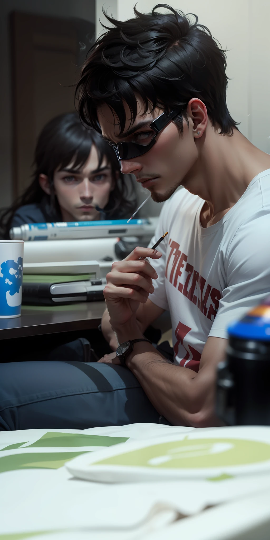 Middle-point male protagonist hairstyle，Holding a cigarette in his hand