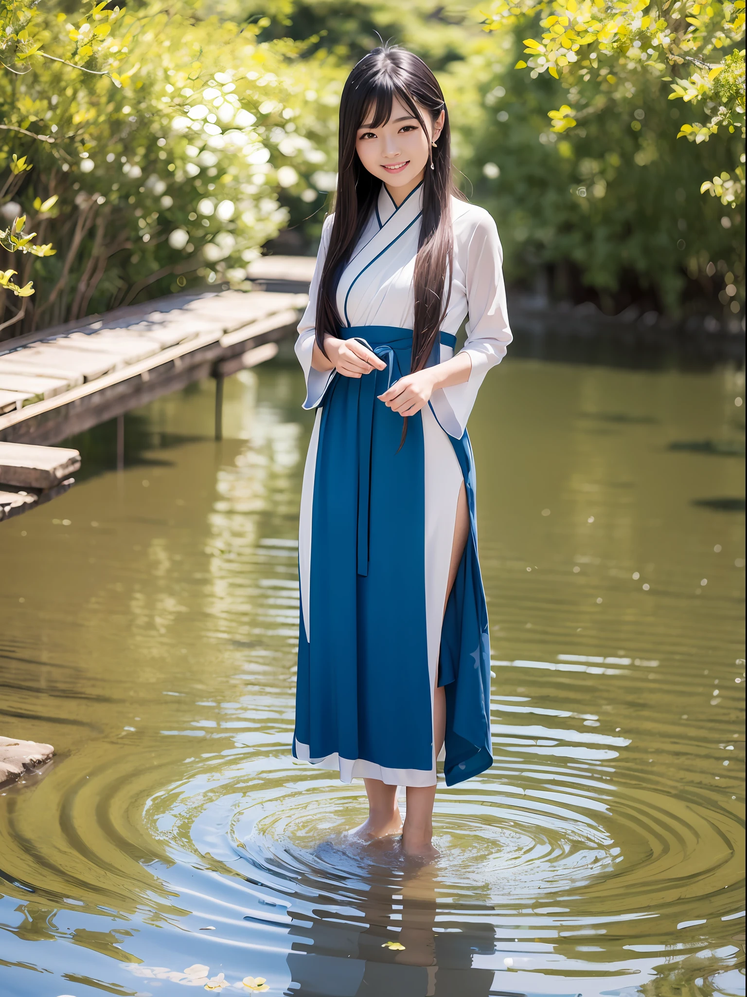 ((4k,masterpiece,best quality)), shuimobysim, traditional chinese ink painting, lotus, hanfu, maxiskit, dress conservatively 1girl, solo, long blue hair, smile, standing, feet in the water, barefoot,