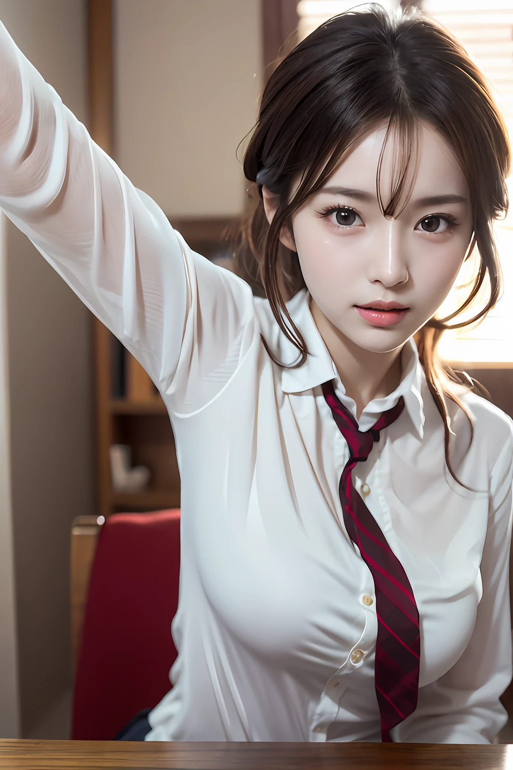 clothed、(photo real:1.4)、(Hyperrealistic:1.4)、(Realstic:1.3)、
(Smoother lighting:1.05)、(Improved lighting quality in movies:0.9)、32 k、
1GIRL、20 years old girl、Realistic Lighting、Backlit、Facial light、Ray Trace、(Brightening light:1.2)、(Increase quality:1.4)、
(Top Quality Real Texture Skin)、Fine eyes、finerly detailed face、
(Tired, sleepy and satisfied:0.0)、closeup on face、Student uniform:1.3、korean idol、Nogizaka Idol、hposing Gravure Idol
(Bodyline mood improvement:1.1)、Glossy skin、korean idol、Nogizaka Idol、hposing Gravure Idol、selfie