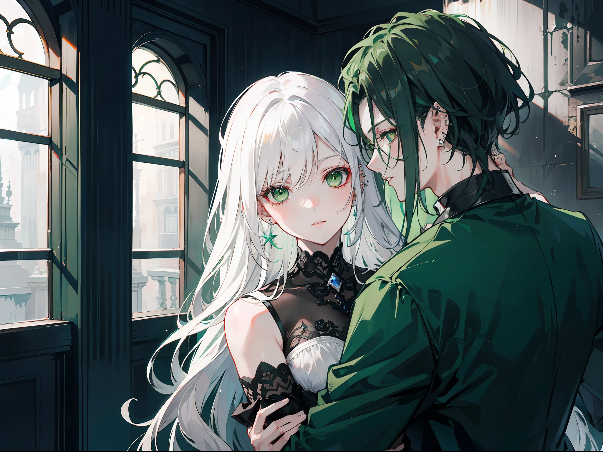 "Epic Dark, atmospheric. A mature couple embracing. The woman with flowing white hair and mesmerizing green eyes, and the man with sleek black hair and piercing green eyes."