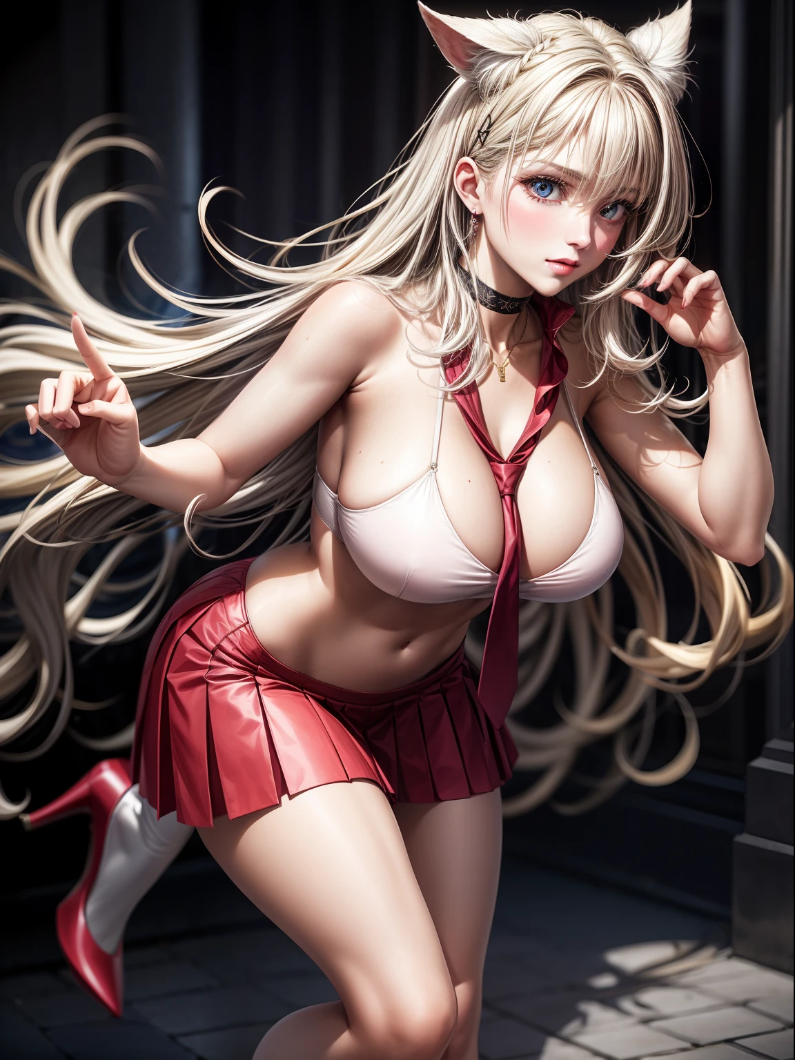 ((wavy white long hair):1.3,beatiful detailed eyes,Perfect proportions,eyes with brightness,The face is red,Very red,Very shy,choker necklace,ear jewelry,Pink and moist lips),1 sexy beauty with big breasts,was standing at a crossroads,Put on cute gestures,V gesture,Elegant and beautiful hairpins,White wavy curls,Bare-legged and high heels,Student uniform,White shirt with black pleated skirt,white stockings,high-heels,red necktie,Dignified and capable,((8K,tmasterpiece,realisticlying),(Hyper-detailing,Ultra-clear,naturey,)