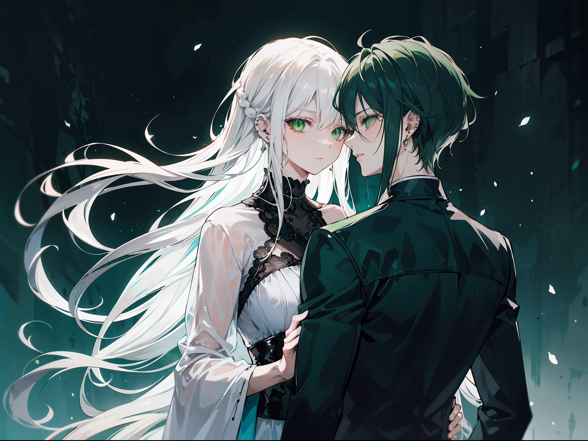 "Epic Dark, atmospheric. A mature couple embracing. The woman with flowing white hair and mesmerizing green eyes, and the man with sleek black hair and piercing green eyes."