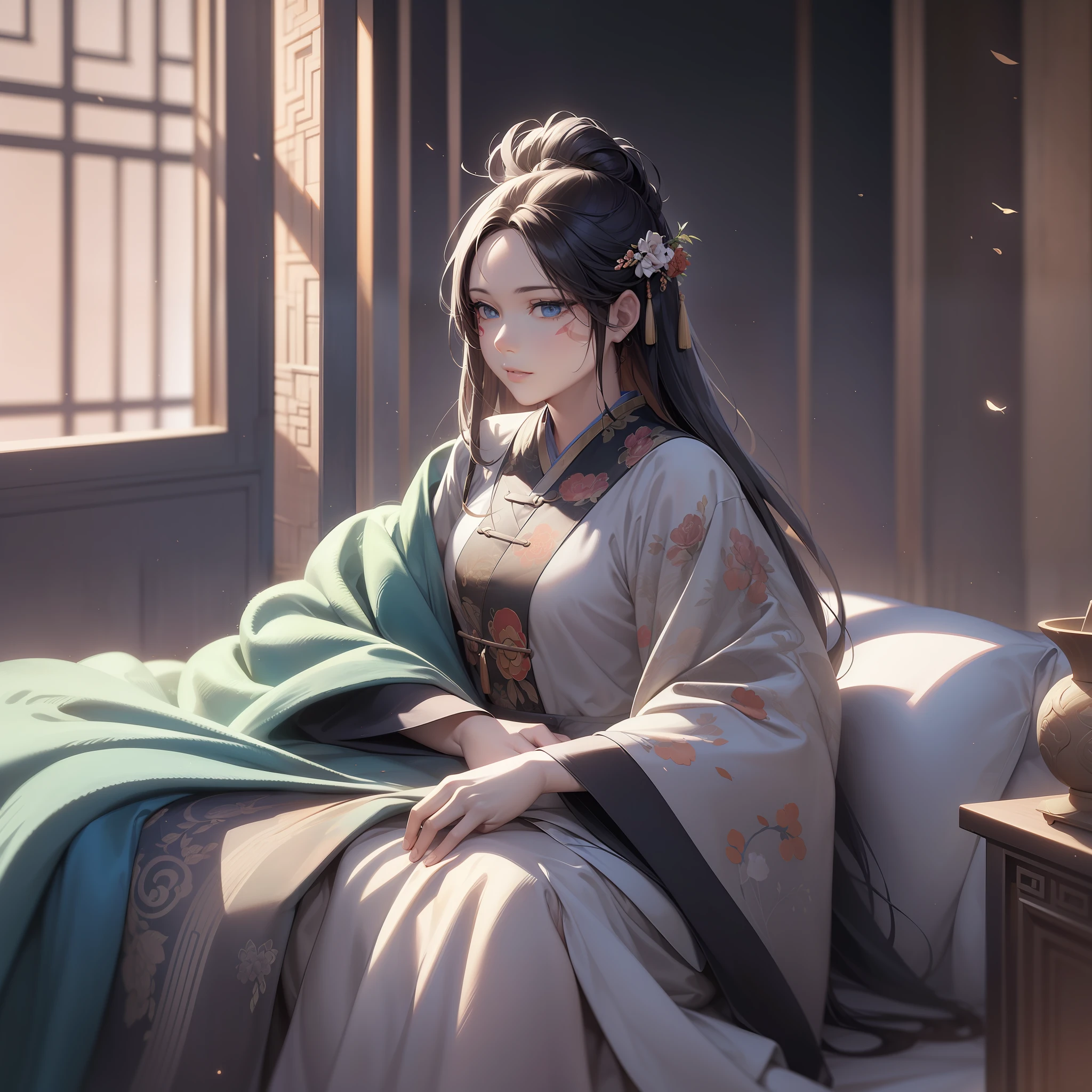 Ancient architecture of the Tang Dynasty in China,A woman sits on a bed,Wearing a white skirt,cabelos preto e longos,Nice blue eyes,The face is painted with paint,4k,Masterpiece of the best quality,High quality High resolution