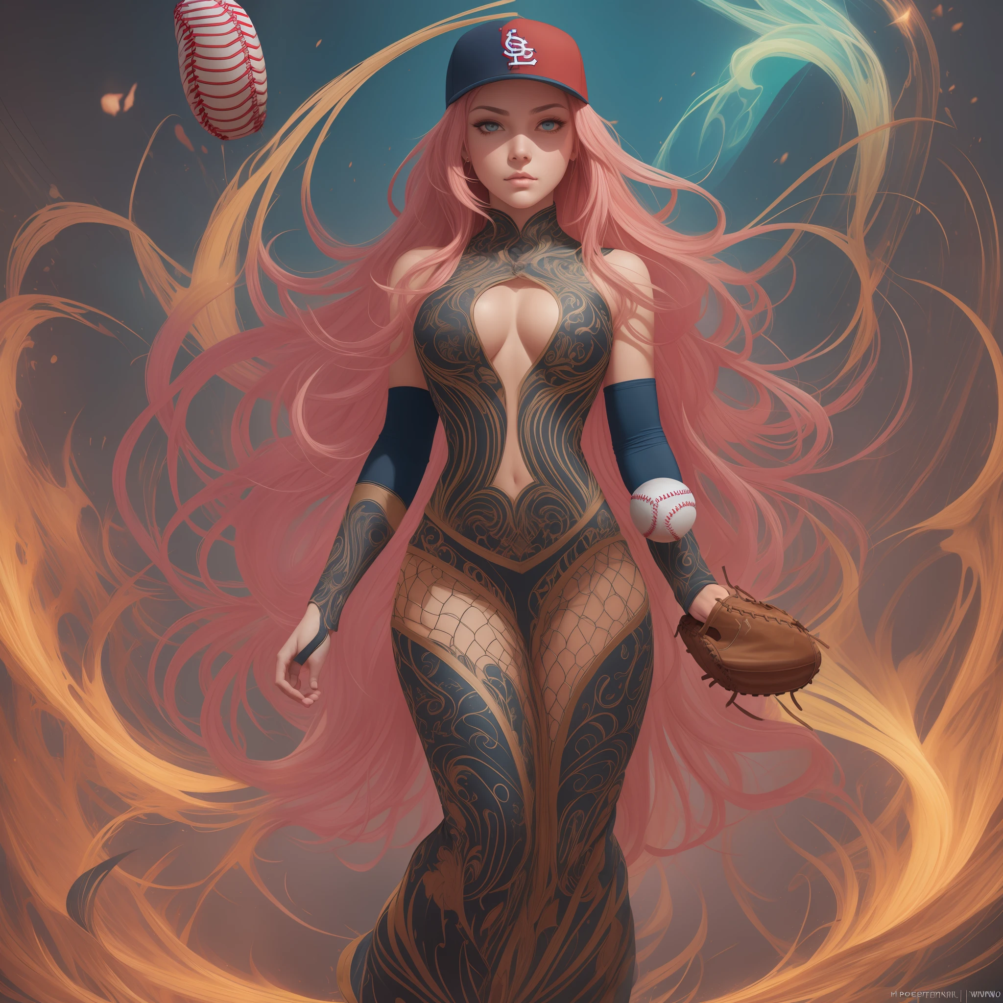 Teddi Mansueto, full body potrait of a photorealistic beautiful woman, (spectating a baseball game:1.5), hands in pockets:1.25, staring at camera in front, intense coloration fantasy, light hair, a stunning realistic photograph 20 years , random colored hair, (St Louis Cardinals fan fashion:1.3), random color eyes, full body, cover, hyperdetailed painting, luminism, octane render, Bar lighting, complex, 8k resolution concept art portrait by Martina Fačková and Prywinko Art, Artgerm, WLOP, Alphonse Mucha, Tony Taka, fractal isometrics details bioluminescence, hypereallistic cover photo awesome full color, hand drawn, bright, gritty, realistic, davinci, erte .12k, intricate. hit definition , cinematic,Rough sketch, mix of bold dark lines and loose lines, bold lines, on paper , real life human