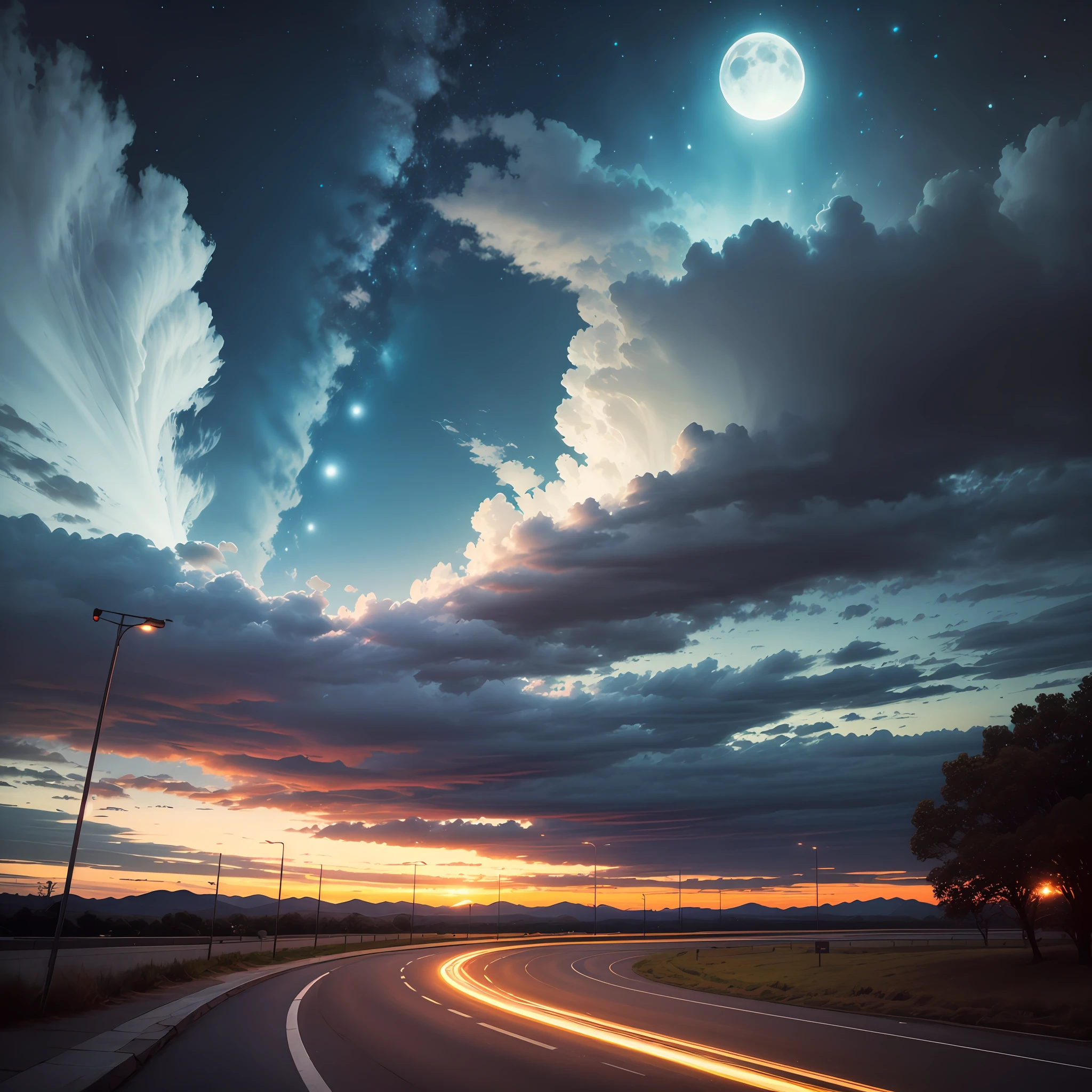Night-time road trip, moonlit sky, fantastic clouds, surreal, magical, romantic wanderlust, daydream, blissful, crush girl. --auto
