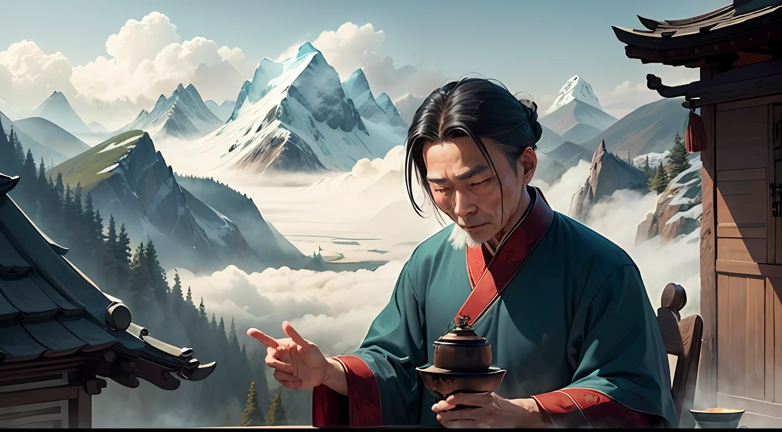 Once upon a time，In a tranquil valley surrounded by mist mountains，lived a wise and gentle old Taoist priest，His name is Master Wu。He is revered in the region for his deep understanding of the Tao and transcendent generational teachings。Along with Master Wu was a young and enthusiastic Taoist priest，His name is Li Wei。 --auto