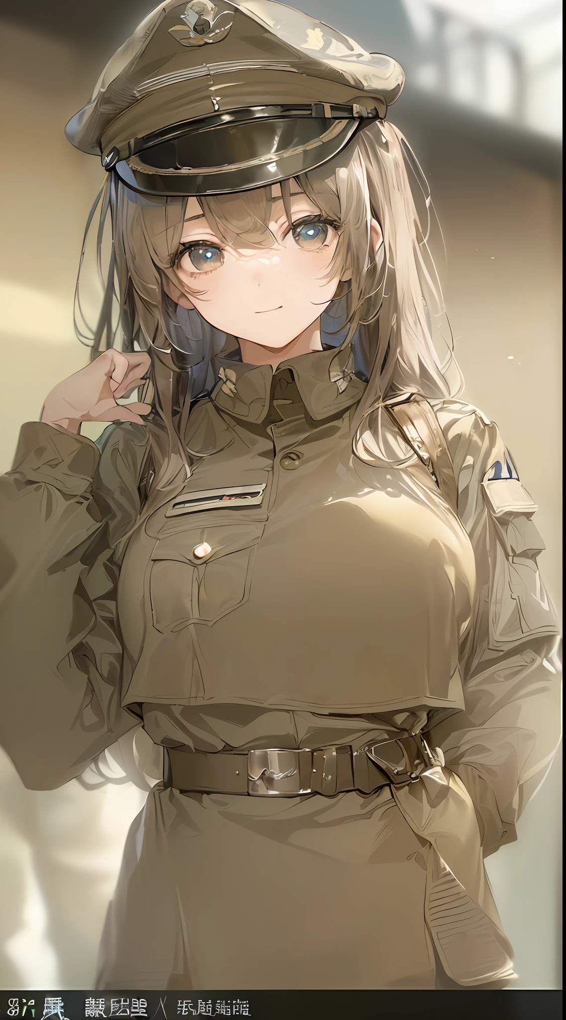 「(8k wallpaper:1.5)、(high-level image quality:1.3)、(animesque, illustratio:1.5)、(girl with、good-looking:1.8)、(beatiful detailed eyes:1.3)、(A slight smil:1.1)、(Military Personnel:1.5)、(Slender eyes:1.3)、(sepia, gradients:1.5)」