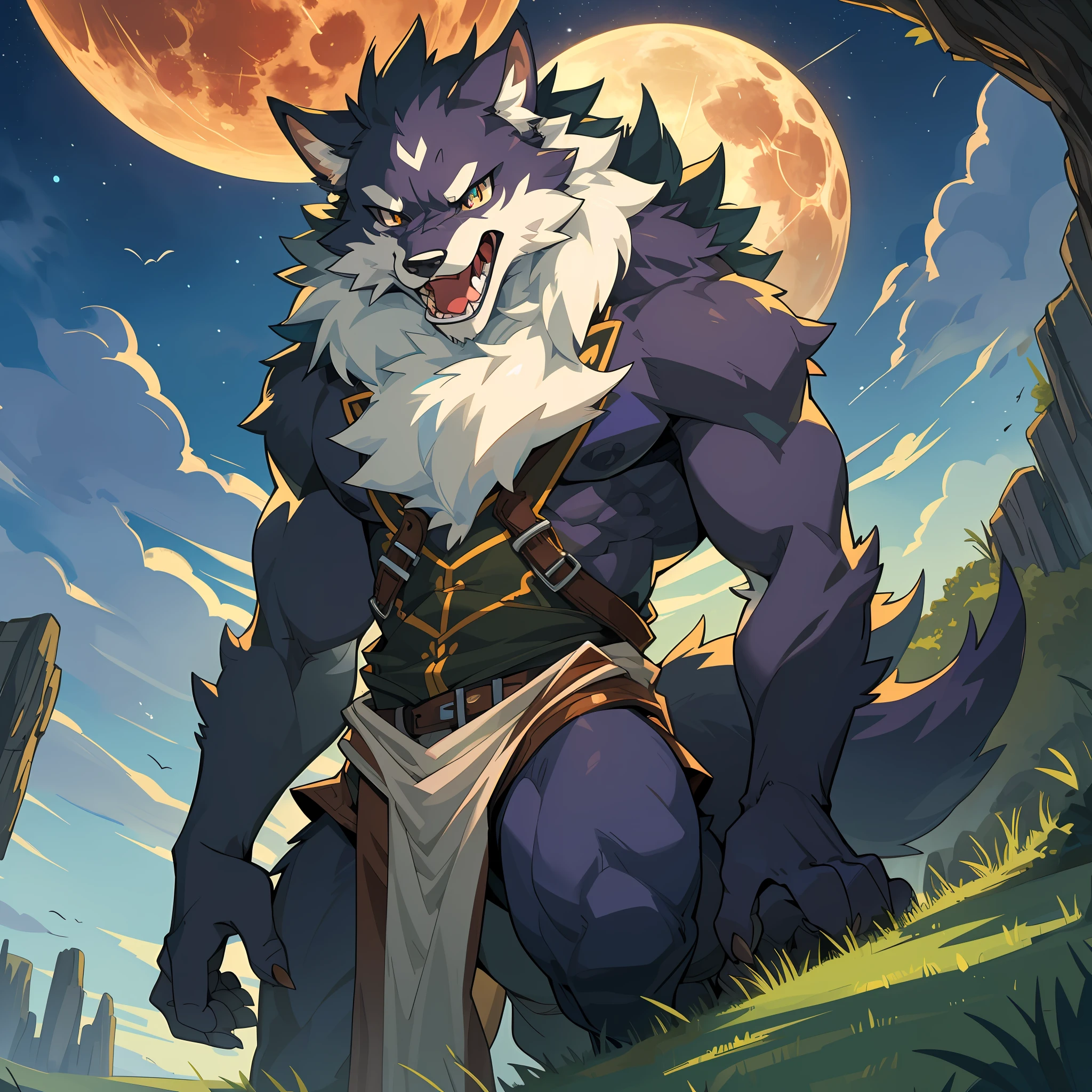 top quality, best quality, High-quality illustrations, masterpiece(highly detailed beautiful face and eyes)absurdres, perfect anatomy, Werewolf, howling , roar, red full moon, on a cliff(kemono, super cute boy, solo focus)(furry anthro)full body, wide shot,
