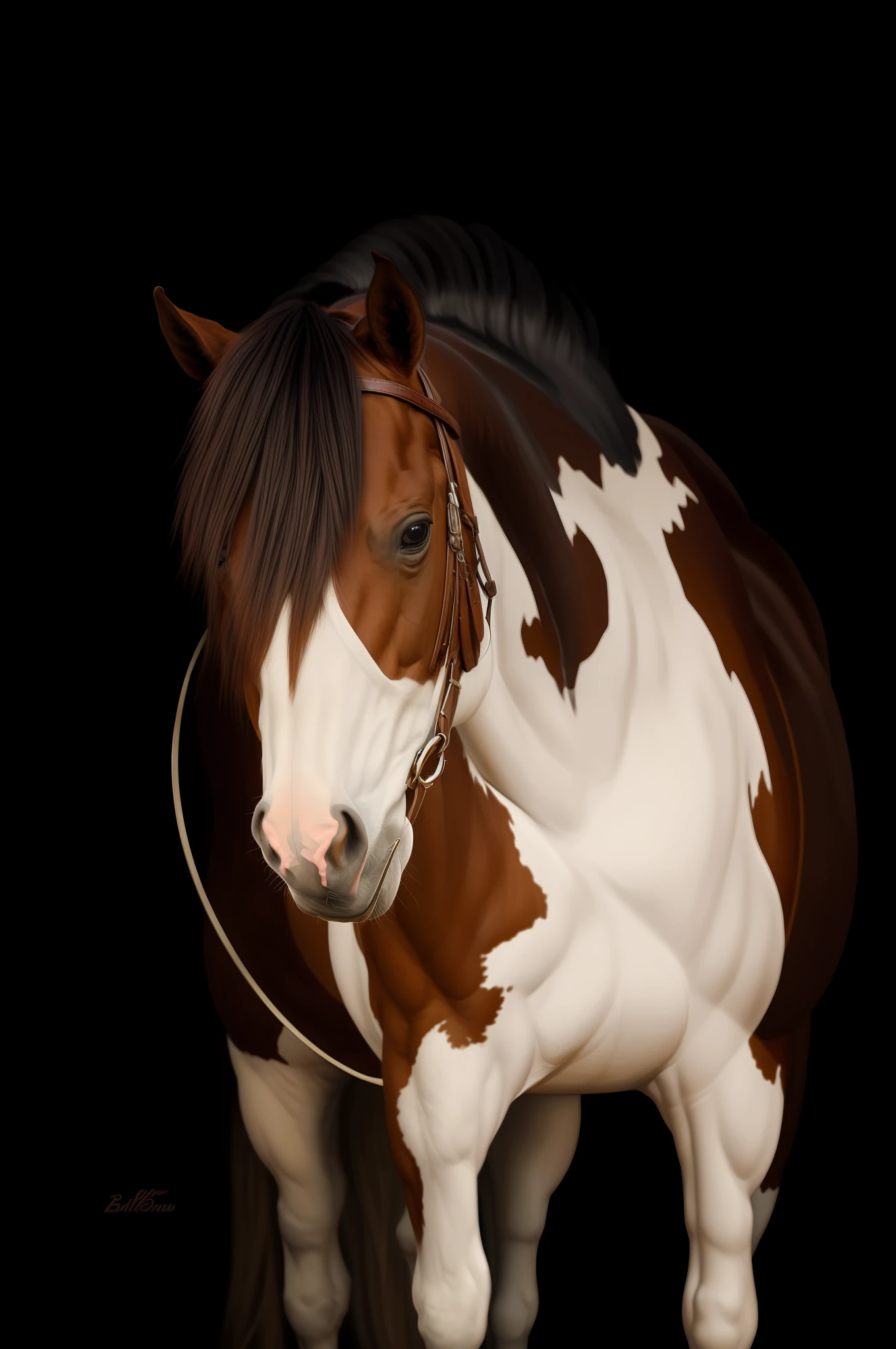 a horse with bridle and bridle on its head, pintura bonita de um alto, bolo grande,realista detalhada, detalhes realista, pintura com bastante detalhes.8k