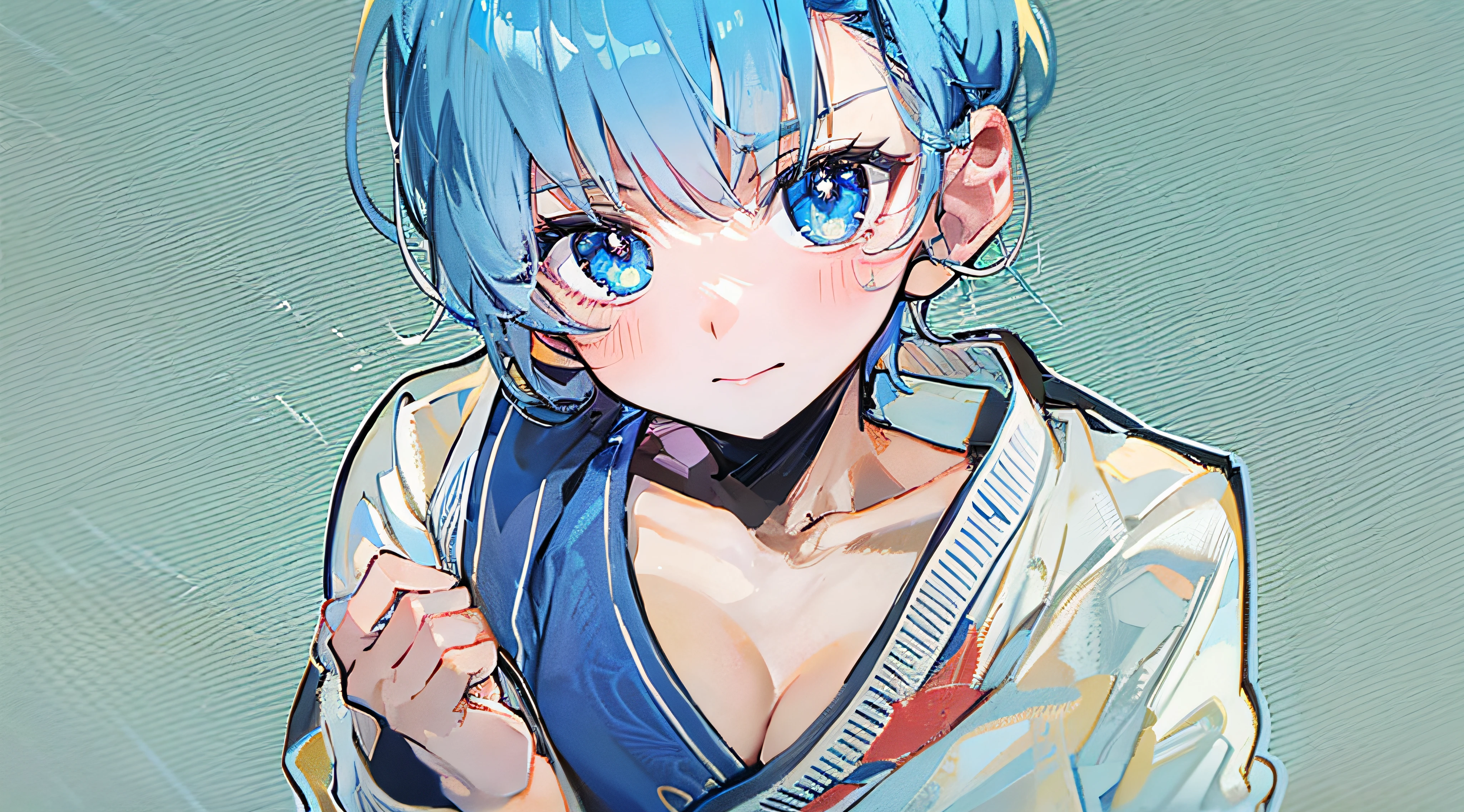Best Quality,Karate Techniques, short blue hair, Blue eyes, arms behind back, face to the viewer, Upper body, Komono,