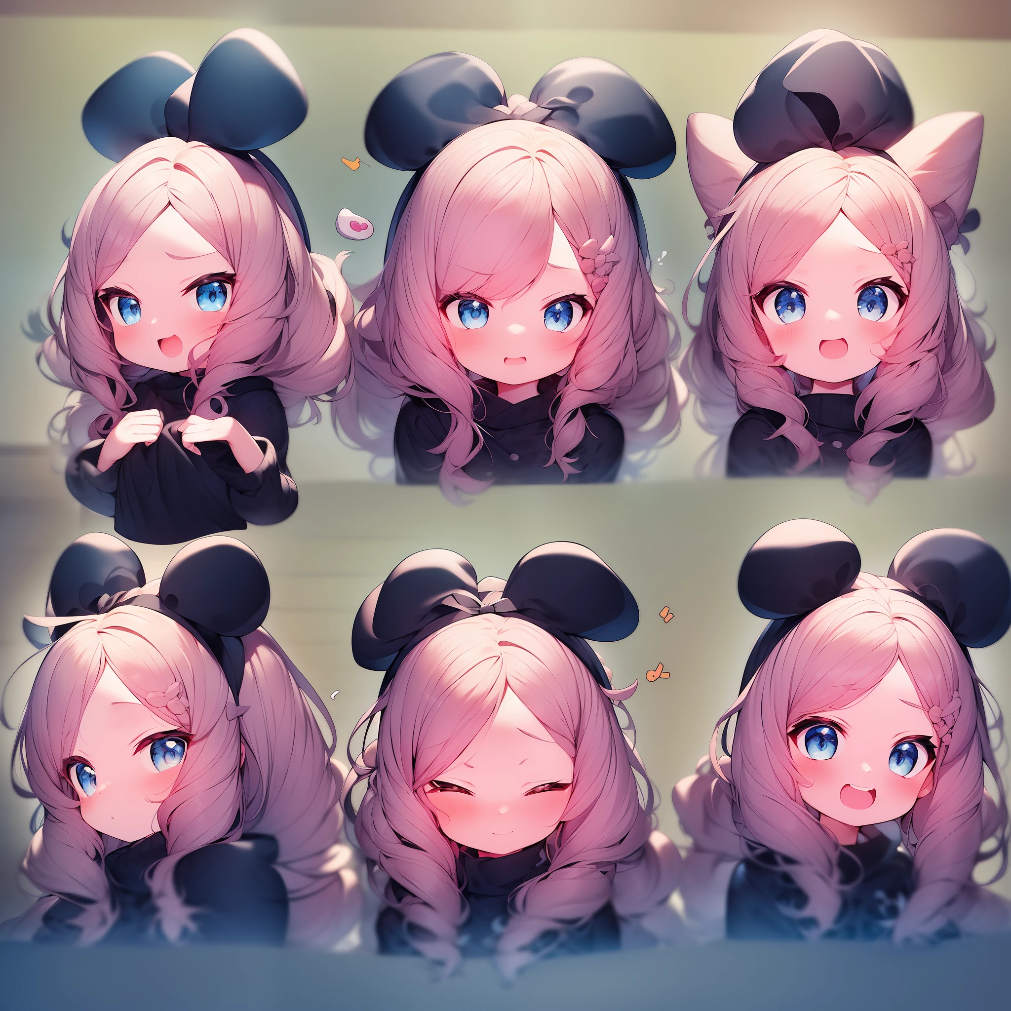 cute female child，A pink-haired，Bunny ears，Emoji pack，9 emojis，emoji sheet of，multiple postures and expressions，anthropomorphic styles，Disney  style，Black strokes，Different emotions，multiple postures and expressions