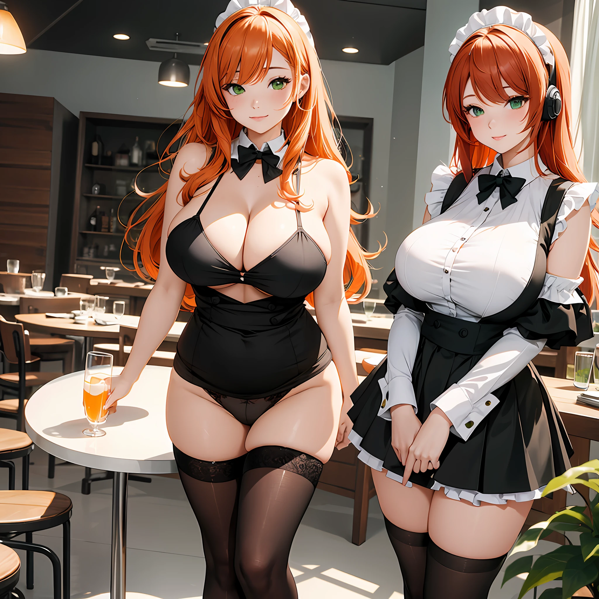 /draw ai_generated curvy_body curvy_female curvy_figure The average cup size female_only huge_breasts looking_at_viewer +maid solo_female solo_focus stable_diffusion waitress orange_hair green_eyes lifts the skirt showing black panties legs in pantyhose