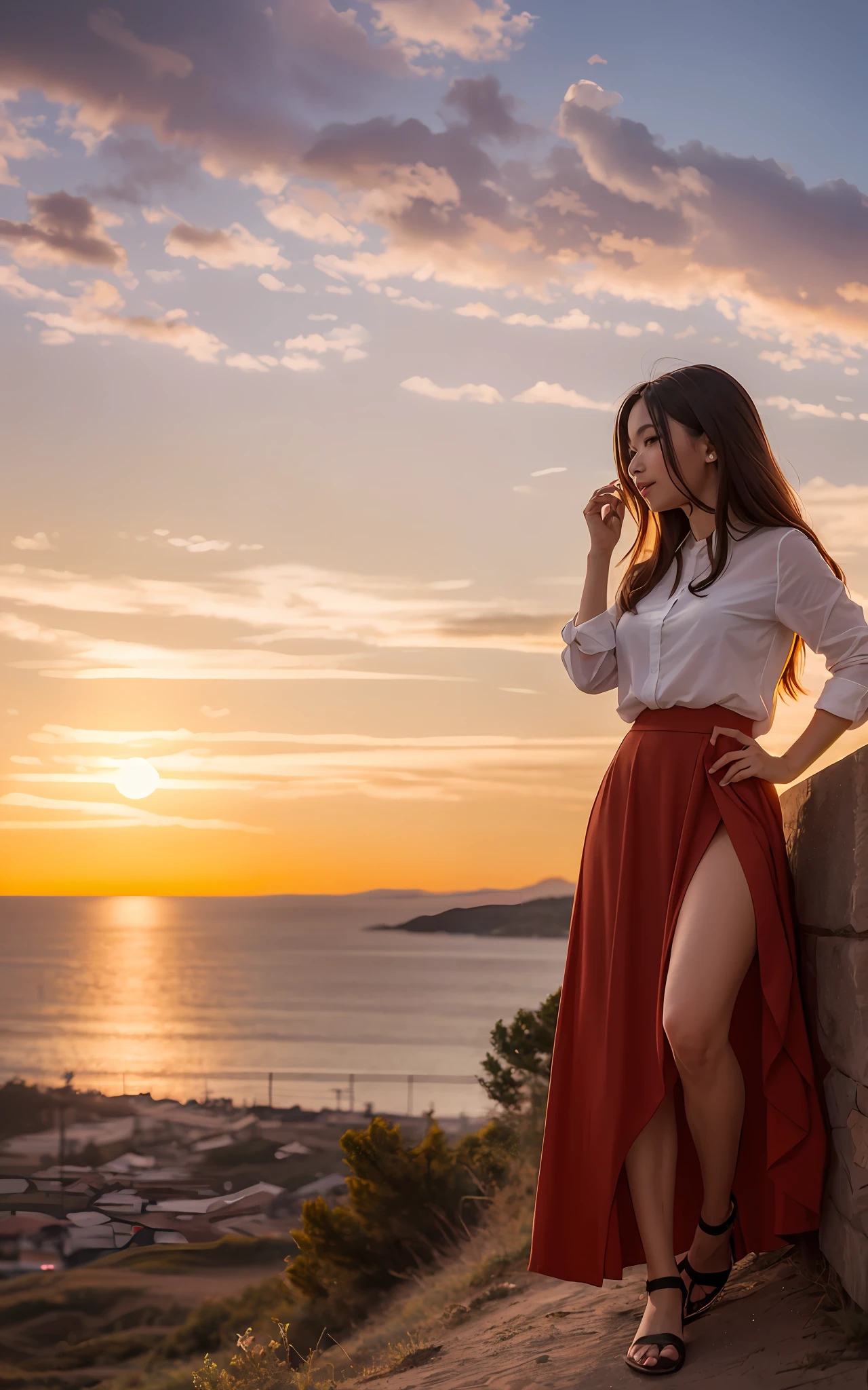 on a hill,a beauty girl,Evening glow,Skirt suit,Watching the sunset