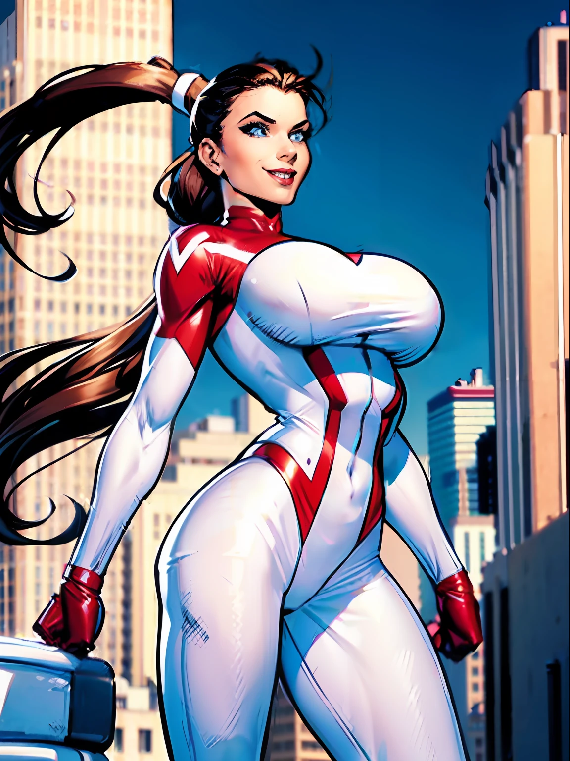 Stretcher comic book woman, happy, smiling, long hair, huge ponytail, slim, thin, athletic, womanly, rubbery, elastic woman, white and red spandex, rubber body, brunette, ((huge breasts)), city street, daytime, heroic, cheerful,