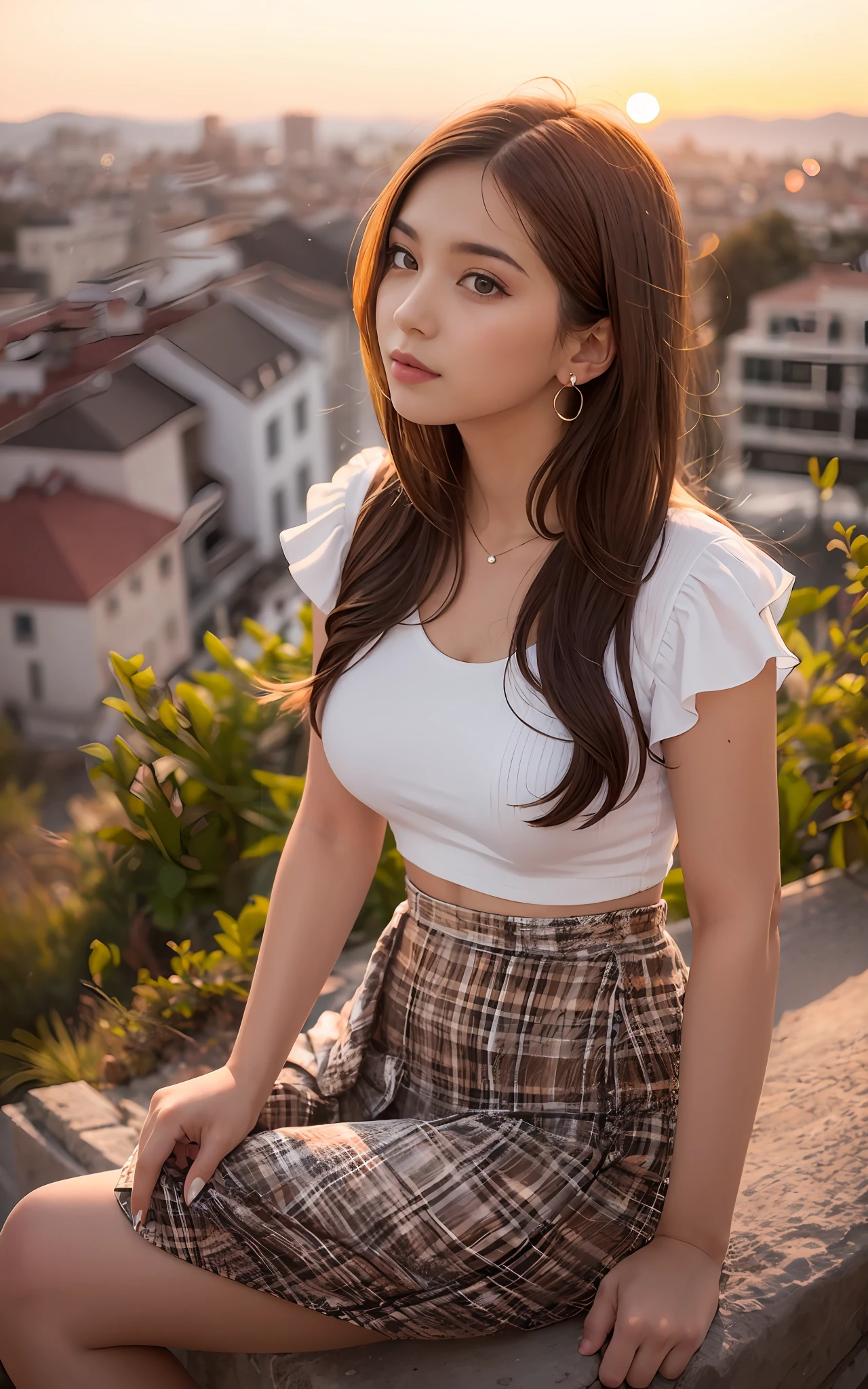 on a hill,a beauty girl,Evening glow,Skirt suit,Watching the sunset