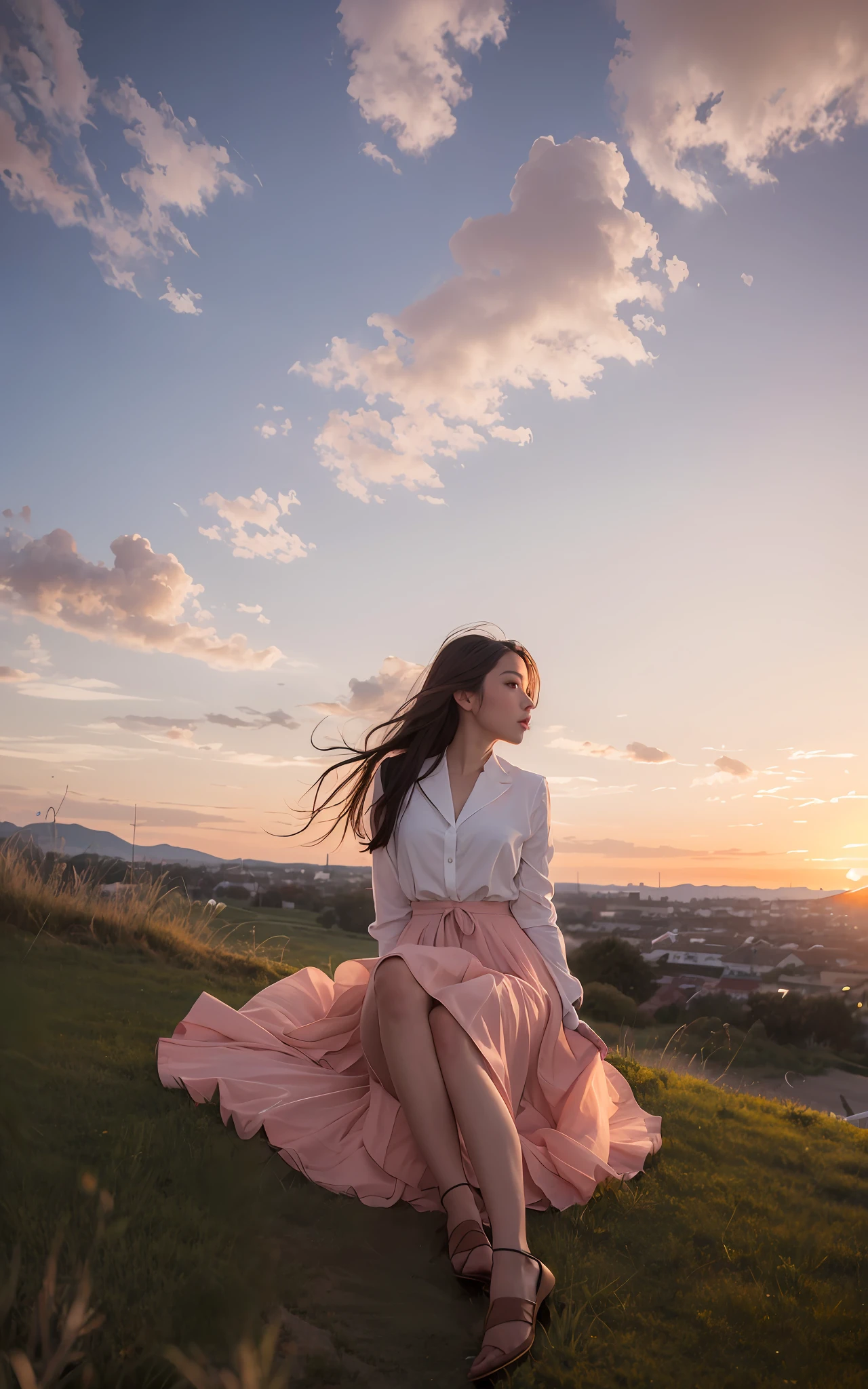 on a hill,a beauty girl,Evening glow,Skirt suit,Watching the sunset