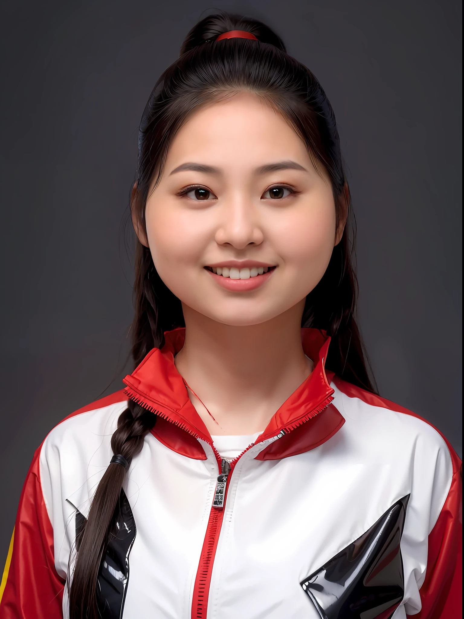 chinese school girl，Wearing PVC red tracksuits