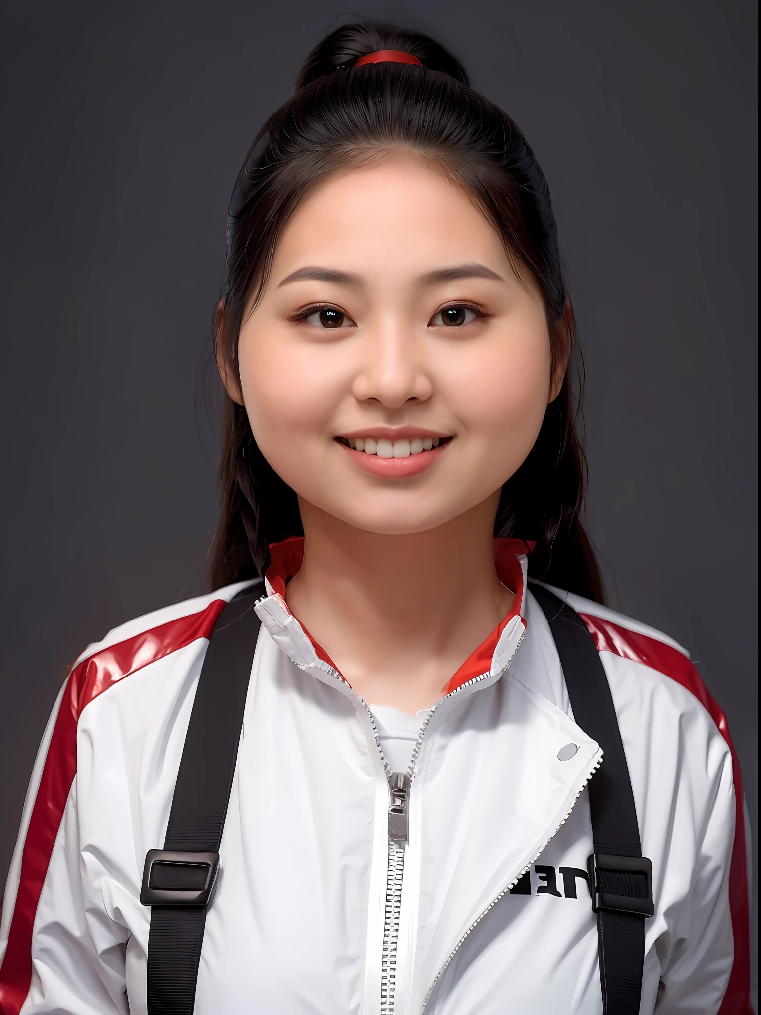 chinese school girl，Wearing PVC red tracksuits