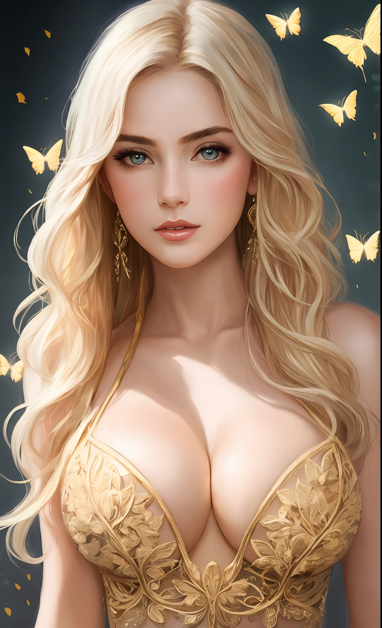 8k portrait of beautiful goddess with long wavy blond hair, intricate, elegant, highly detailed, majestic, digital photography, art by artgerm and ruan jia and greg rutkowski surreal painting gold butterfly filigree, broken glass, (masterpiece, sidelighting, finely detailed beautiful eyes: 1.2), hdr,  (deep cleavage:1.3), very large breasts, extremely pale white skin, solo, breasts out, whole breasts