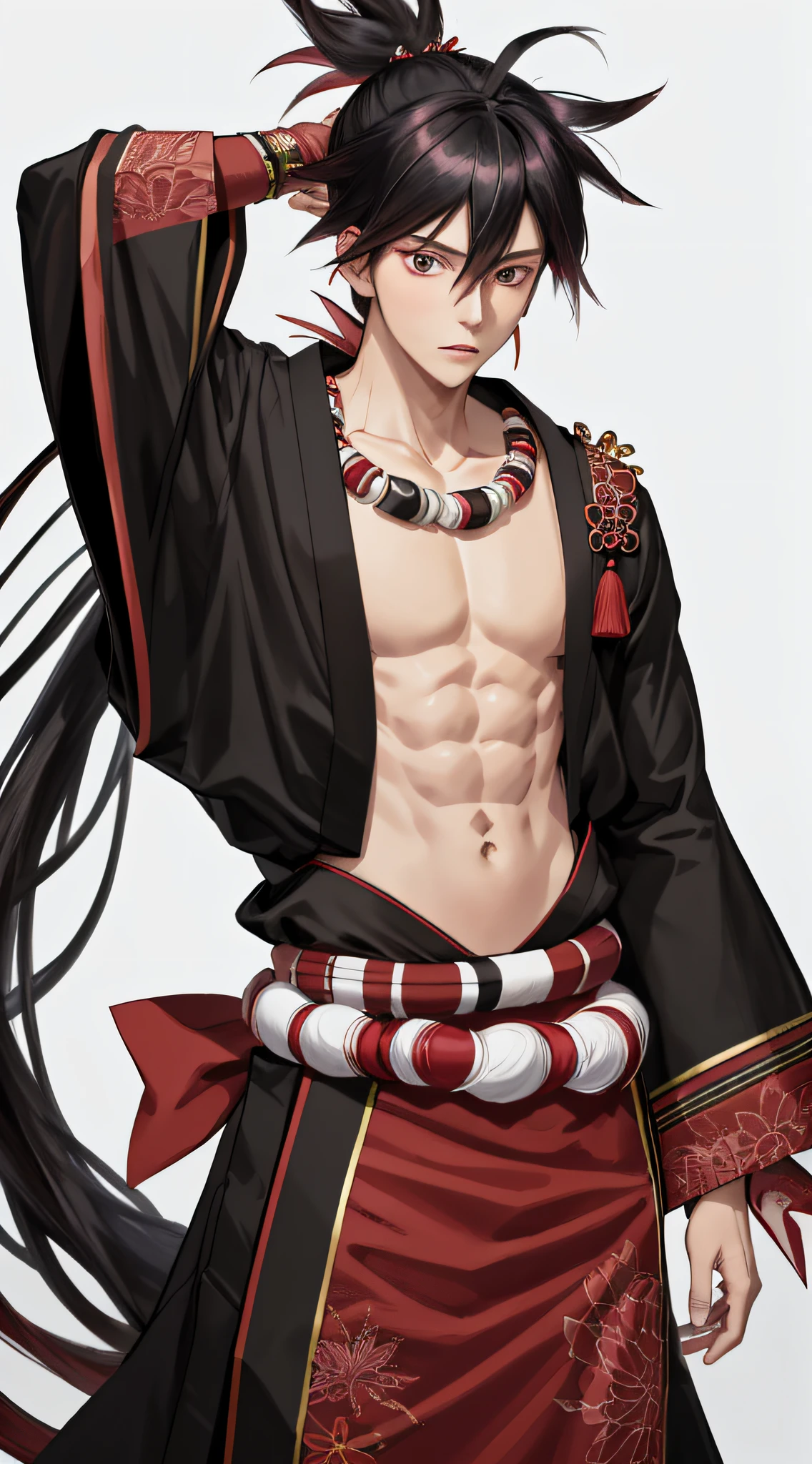 highres, sharp focus, pixiv masterpiece, ((intricate details)), highly detailed, yasuri_shichika, 1boy, male, stripe bead necklace, black hair, (spiked hair:1.1), ponytail, very long hair, red clothes, red open clothes, simple kimono, hakama