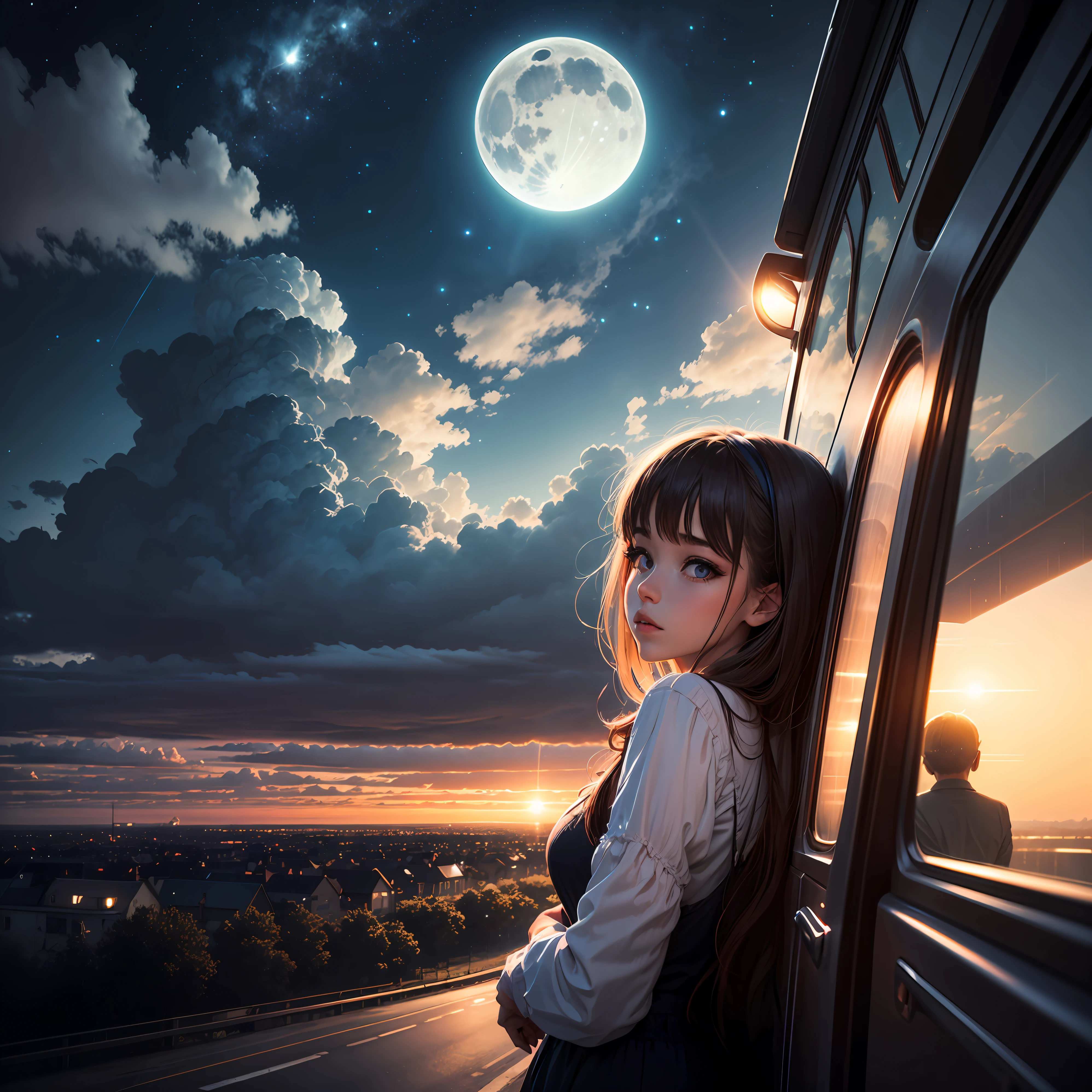 Night-time road trip, moonlit sky, fantastic clouds, surreal, magical, romantic wanderlust, daydream, blissful, crush girl. --auto