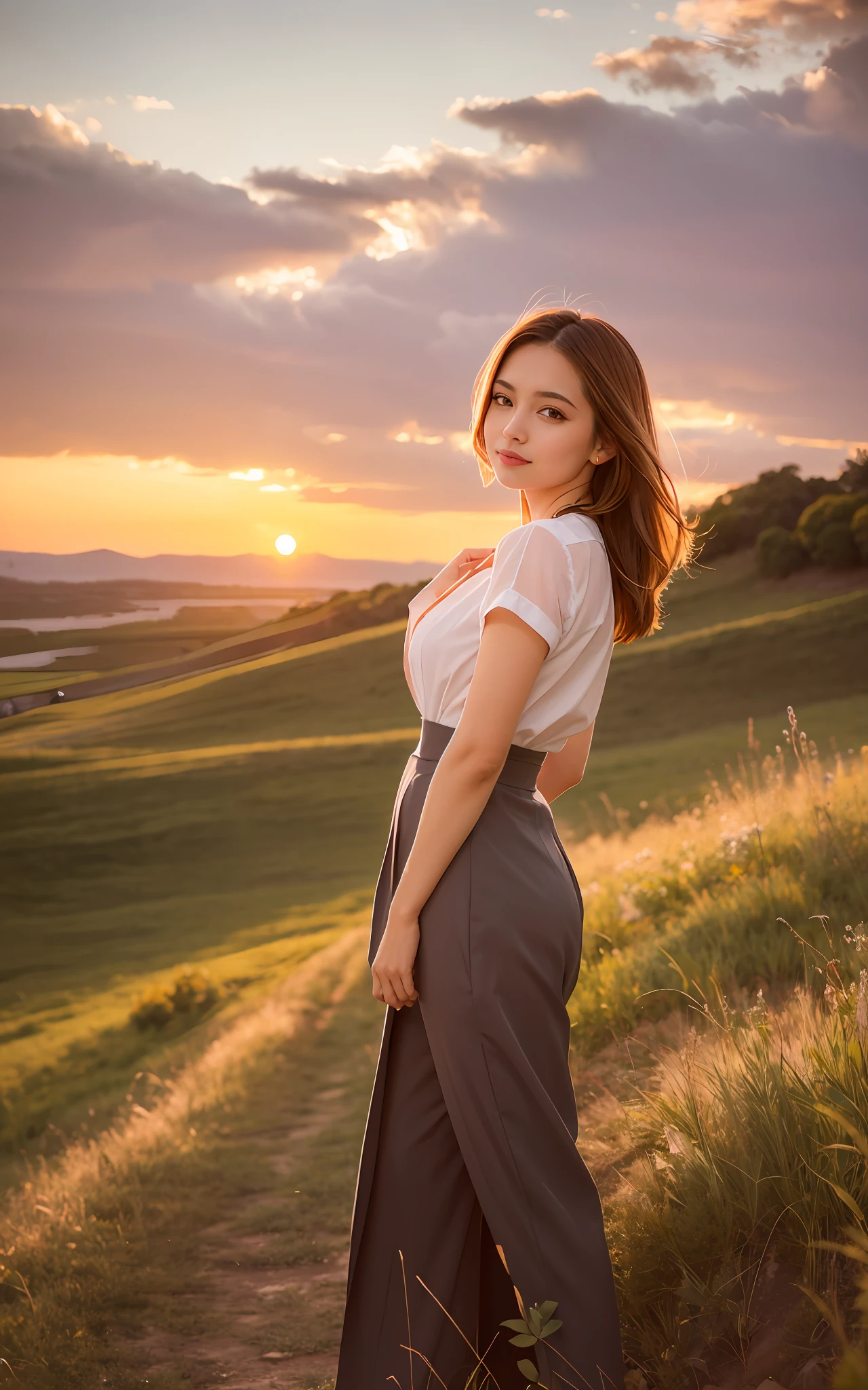 on a hill,a beauty girl,Evening glow,Skirt suit,Watching the sunset